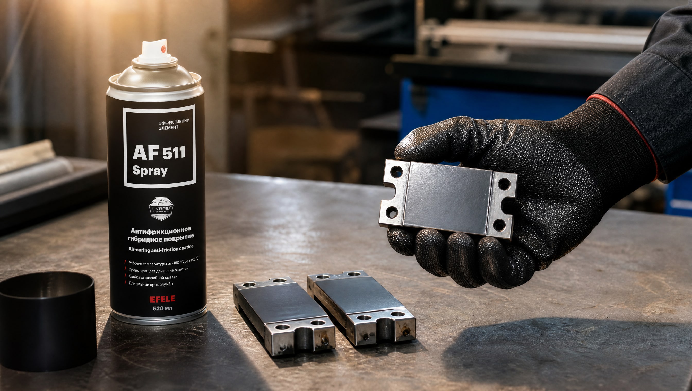 Рука в перчатке наносит EFELE AF-511 Spray, чтобы дефекты поверхности скрыть.