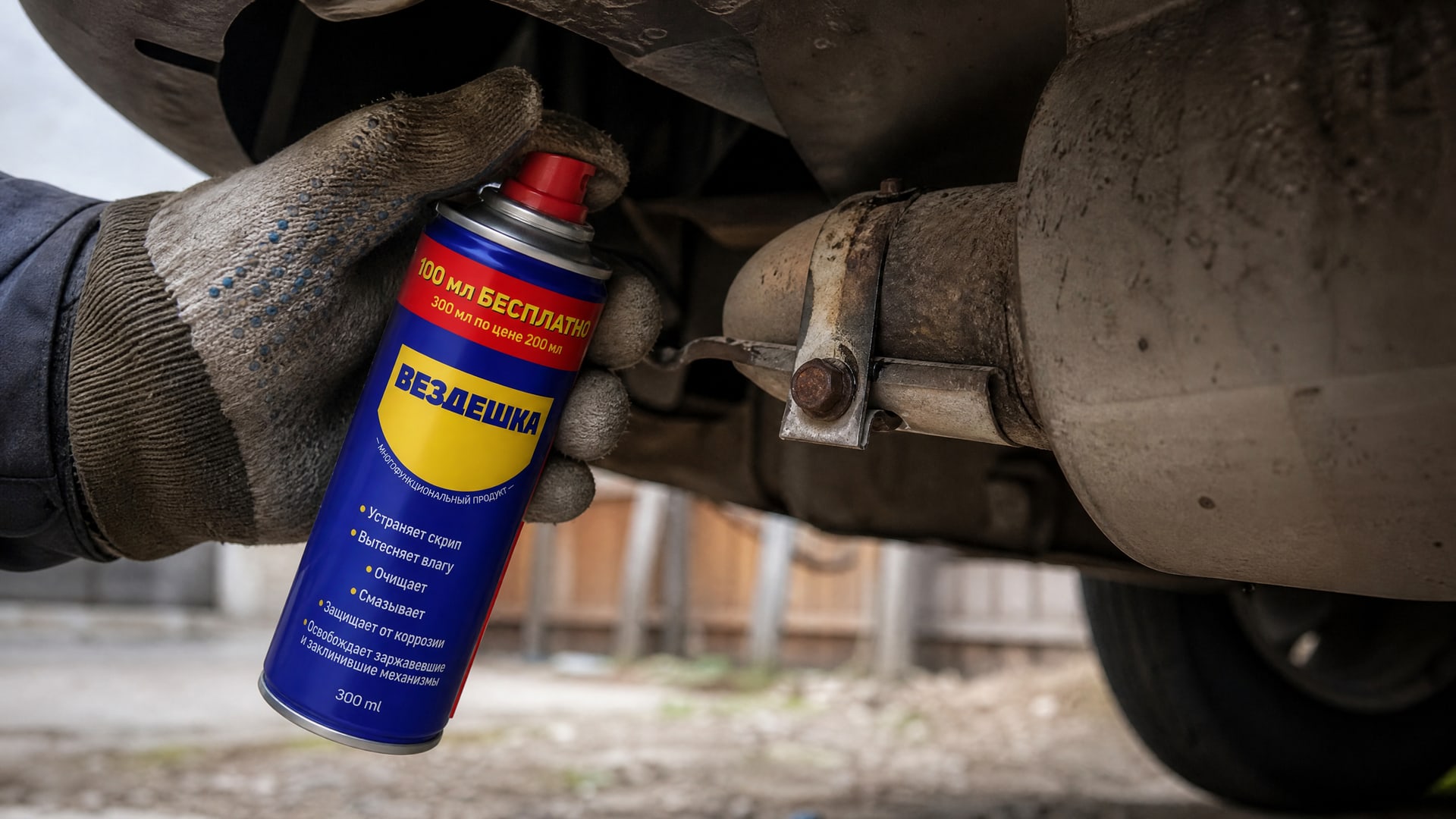 Мастер в перчатке наносит универсальную смазку wd-40 на болт.