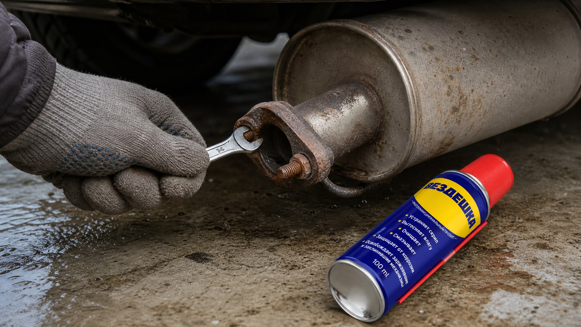 Работник наносит универсальную смазку wd-40 на болты глушителя.