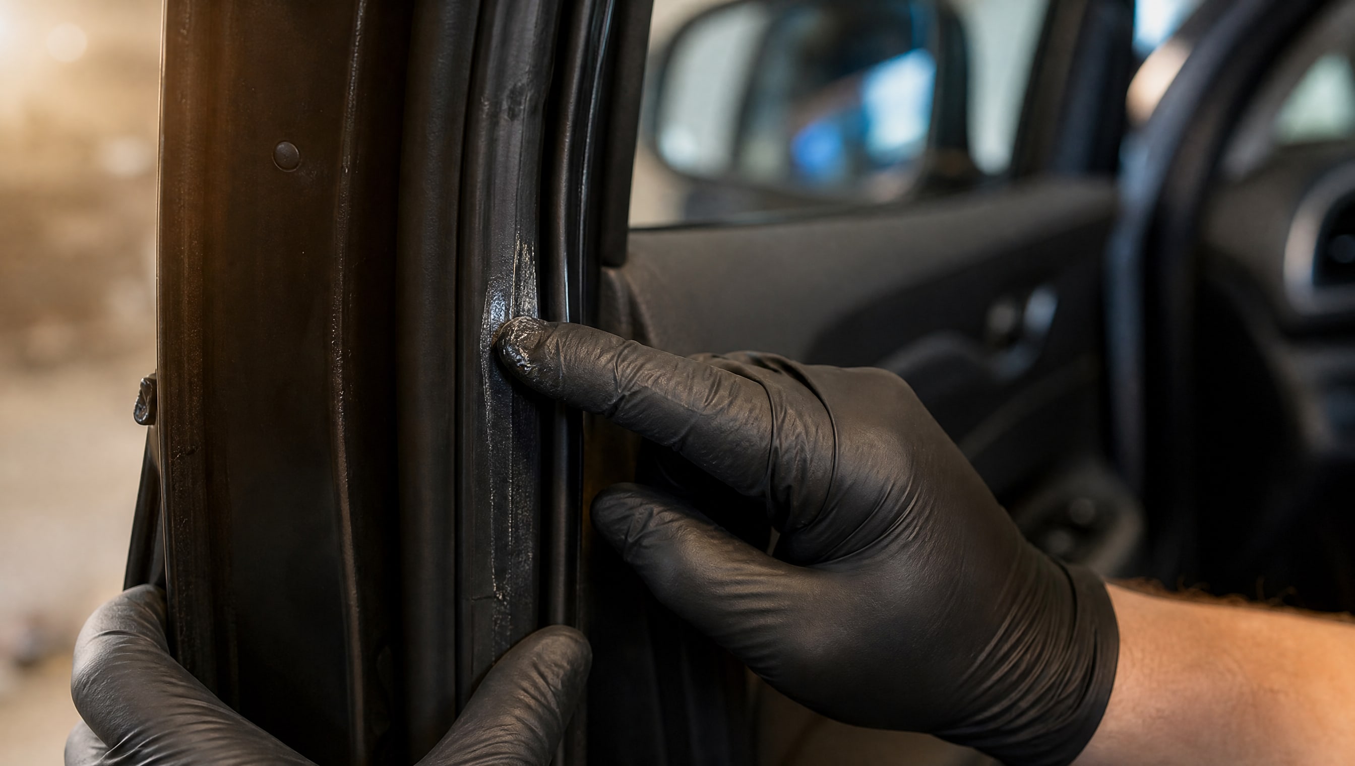 Рука в перчатке наносит WD-40 на черное резиновое уплотнение автомобильной двери.