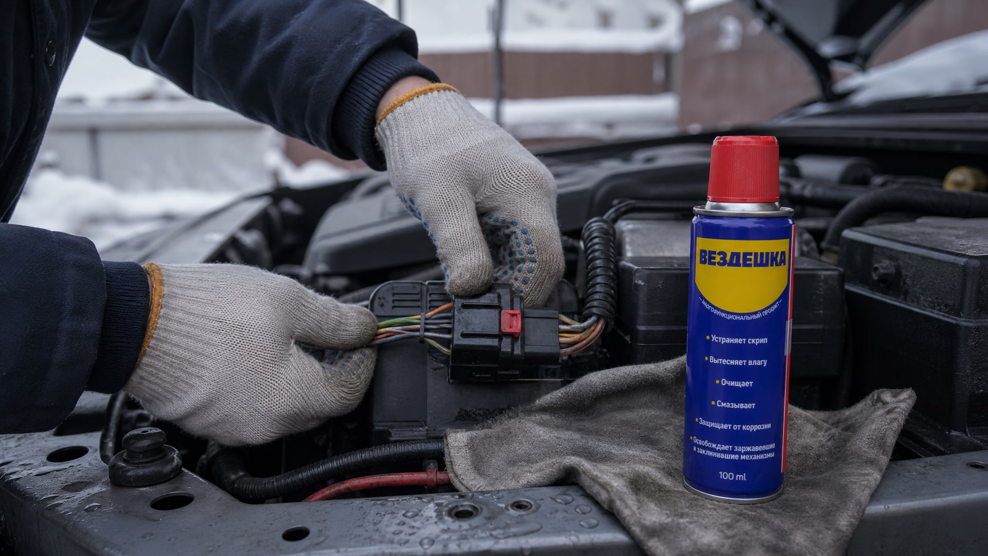 Рука в перчатке наносит универсальную смазку wd-40.