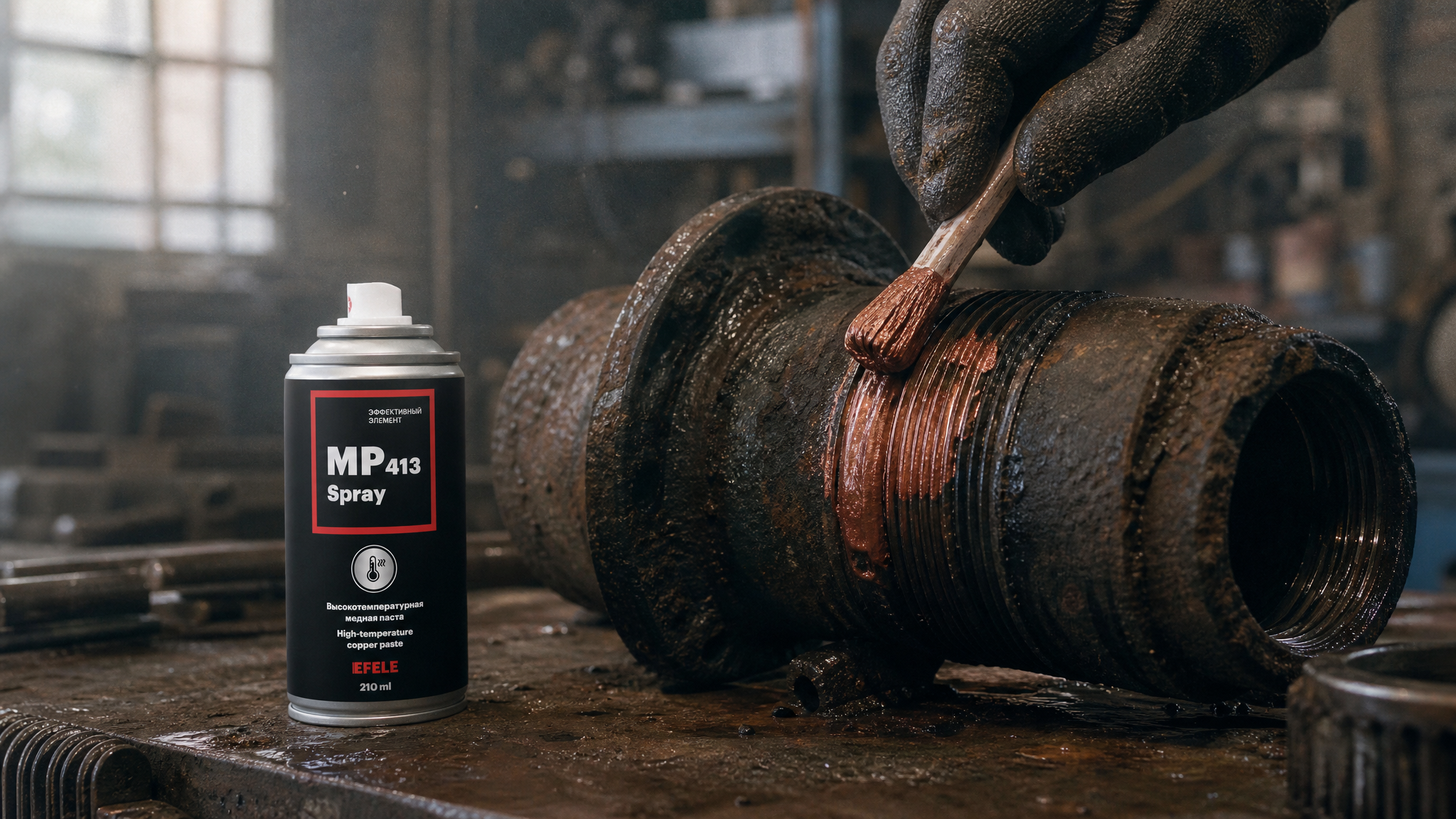 Рука наносит медную пасту EFELE MP-413 Spray для высоких температур