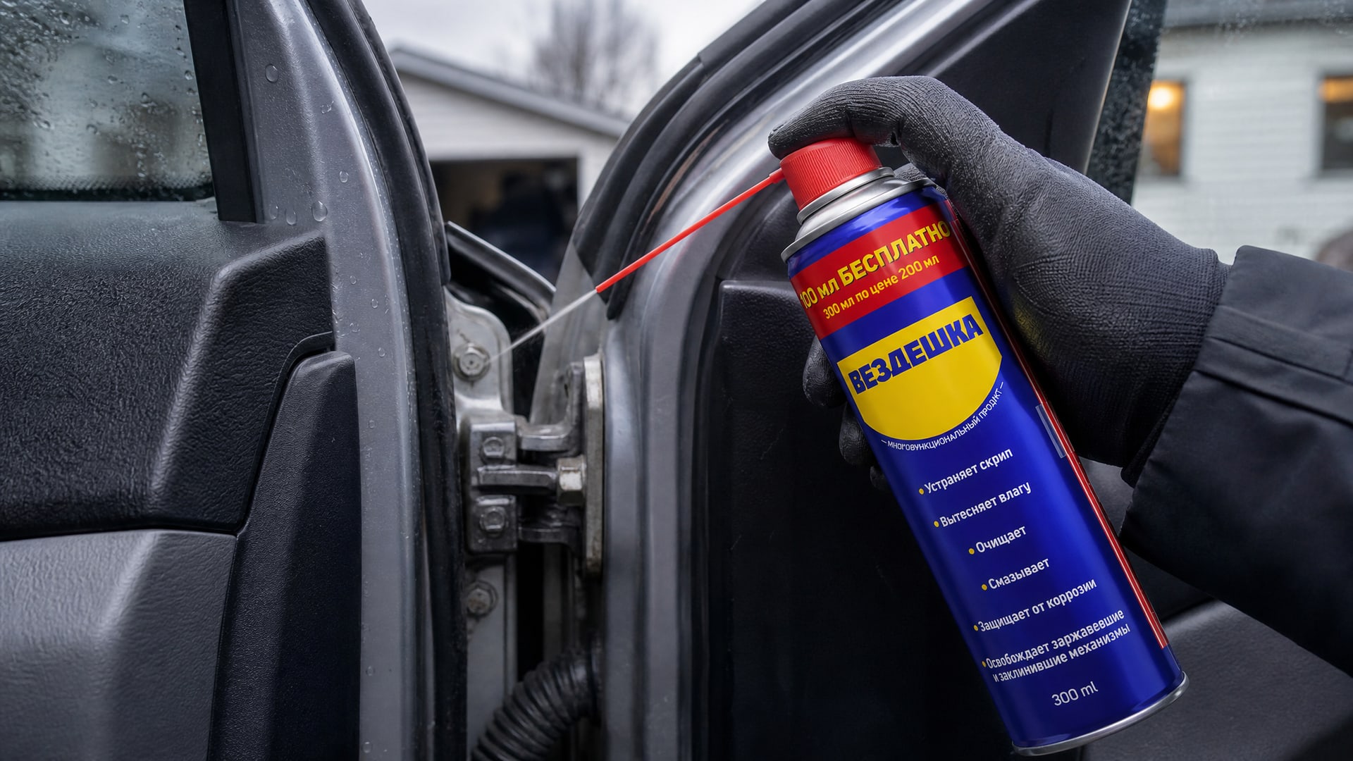 Рука в перчатке наносит универсальную смазку WD40 на дверь автомобиля.