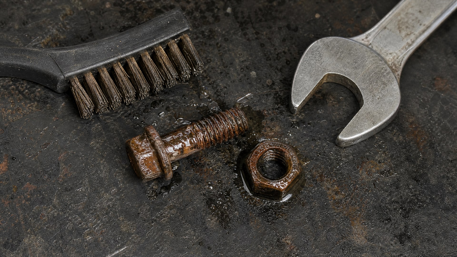 Ржавая гайка и болт от глушителя на грязном верстаке, обработанные WD-40, рядом с щеткой и ключом.
