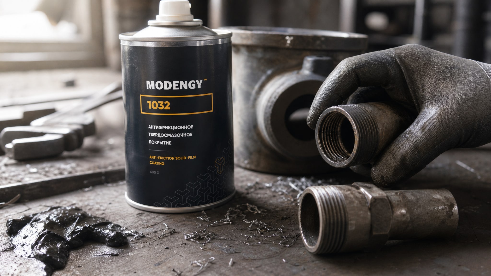 Рабочий наносит MODENGY 1032 на покрытие резьбовых соединений.