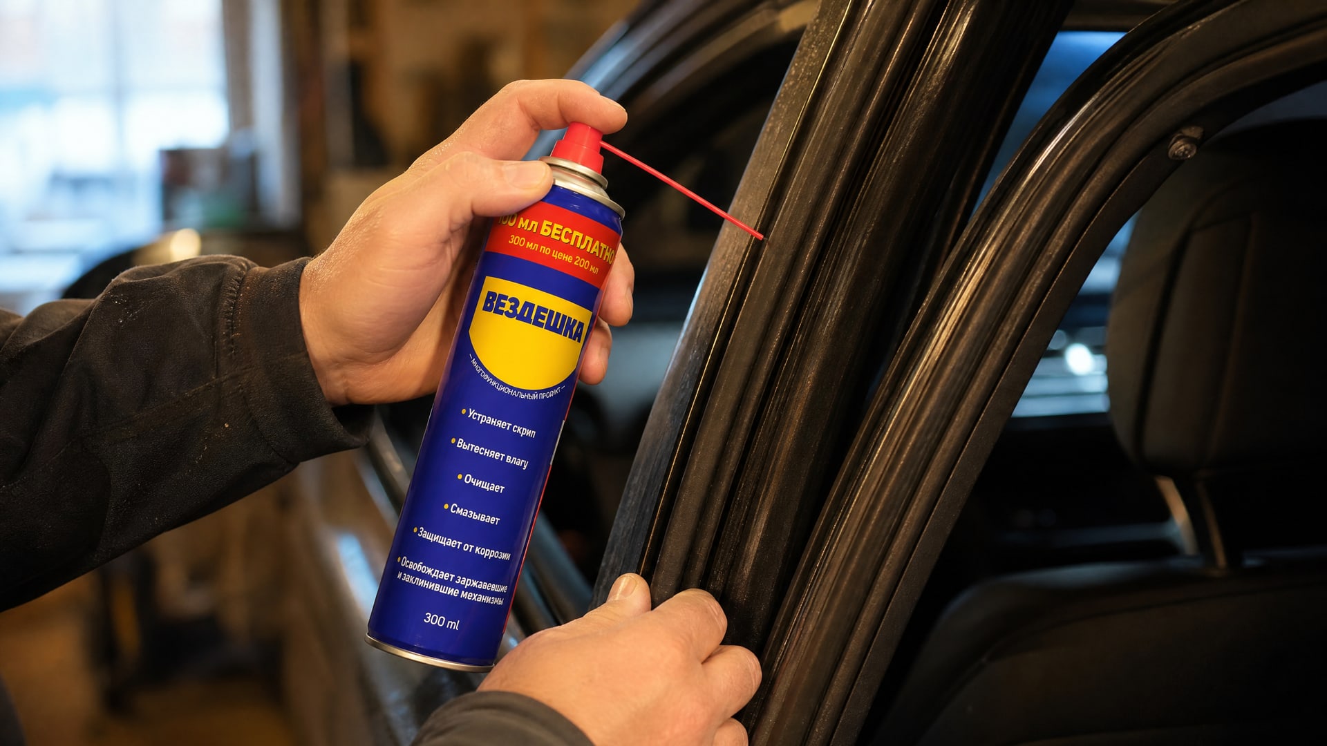 Рука в перчатке наносит универсальную смазку WD40 на уплотнитель двери.
