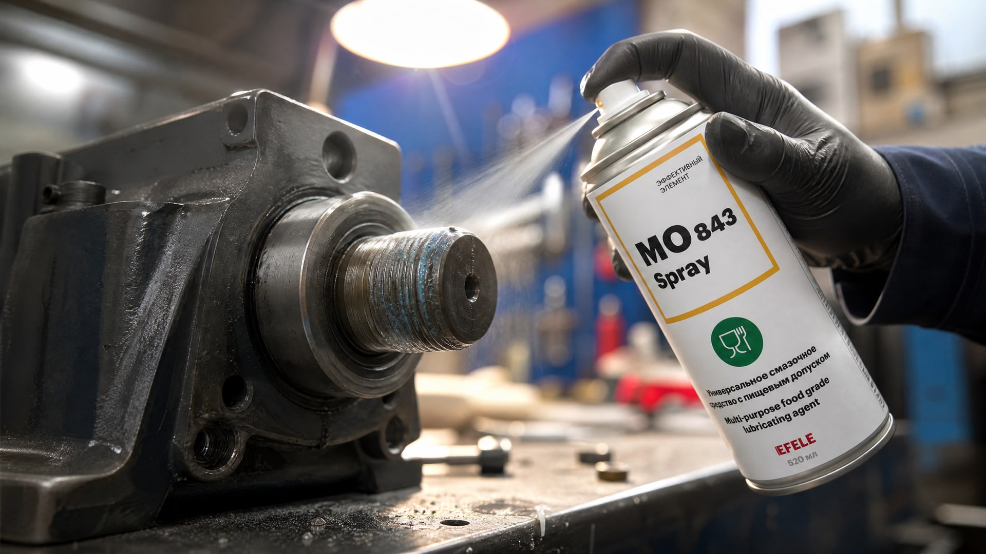 Рука наносит состав EFELE MO-843 Spray для демонтажа фиксатора резьбы.