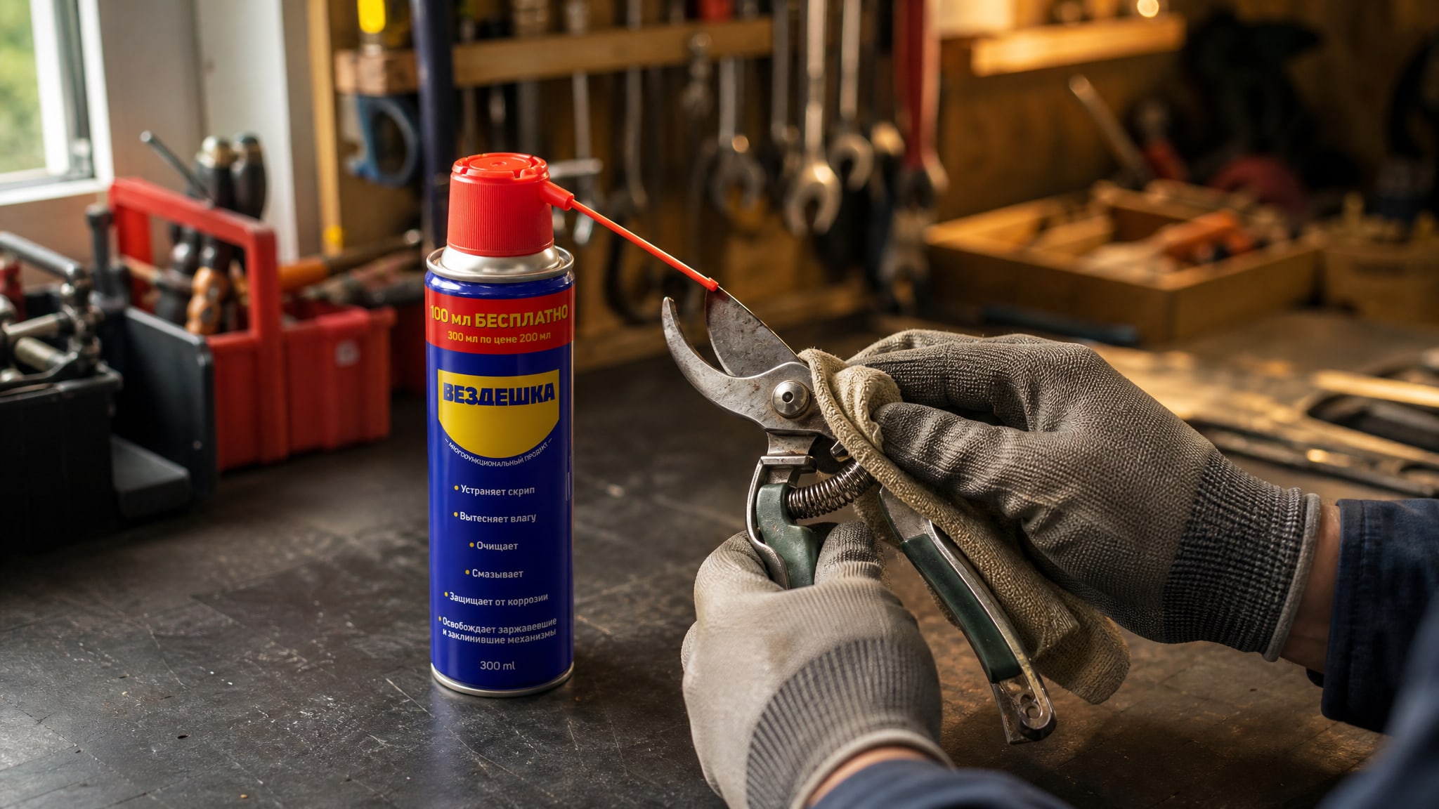 Рука в перчатке наносит универсальную смазку wd-40 на садовый инструмент.