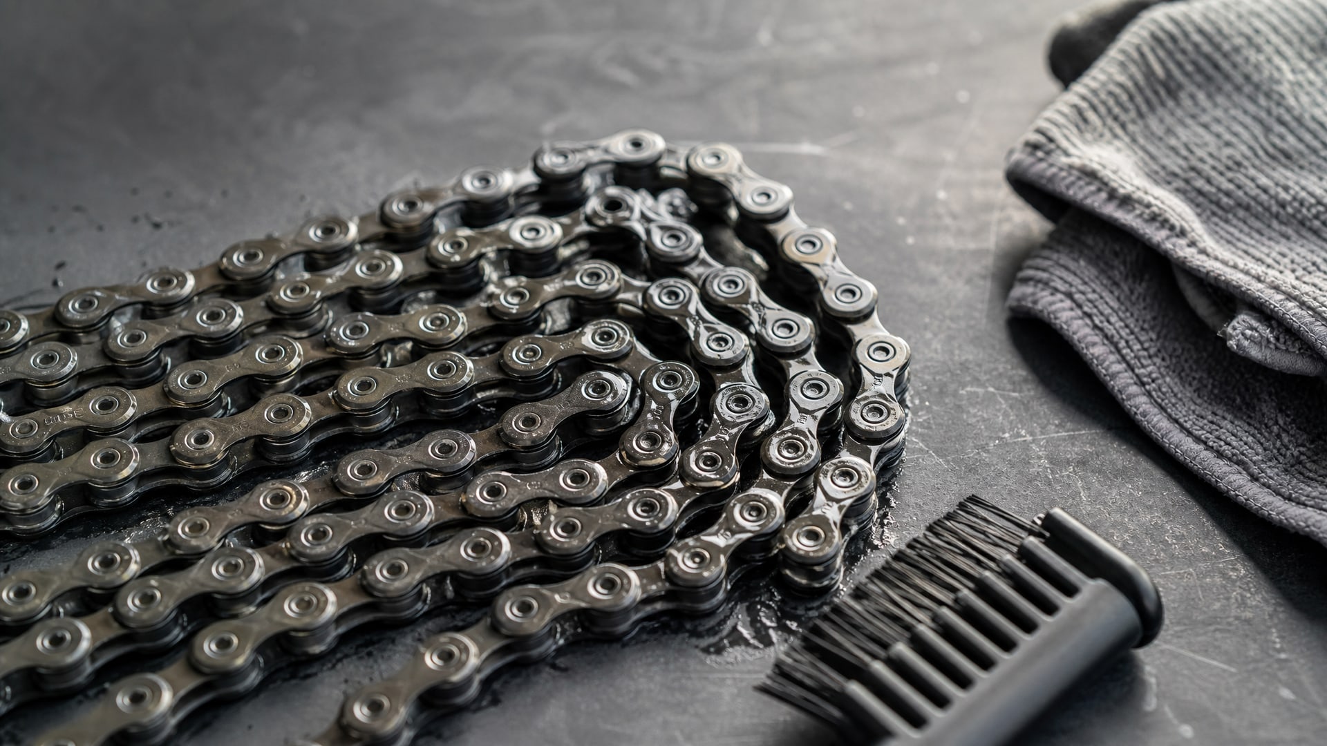 Велосипедная цепь, смазанная wd-40, на рабочем столе с тряпкой.