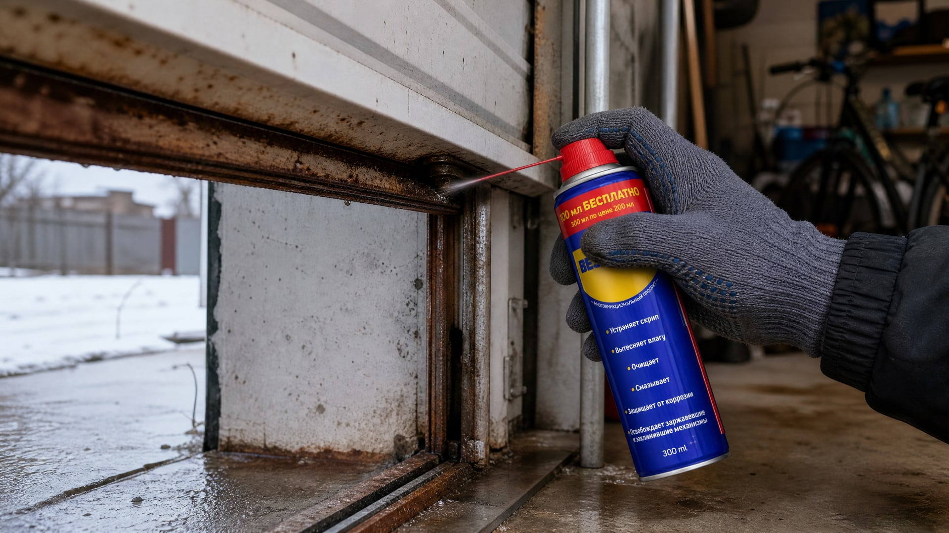 Рука в перчатке наносит универсальную смазку WD40 на механизм.