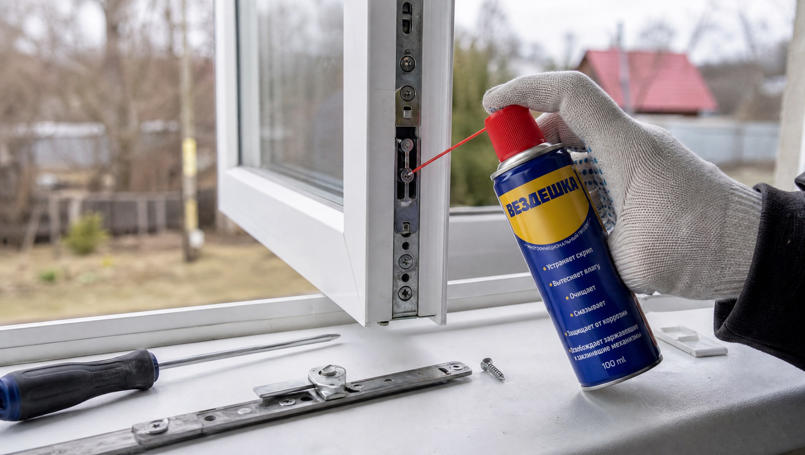 Рука в перчатке наносит универсальную смазку WD40 на механизм