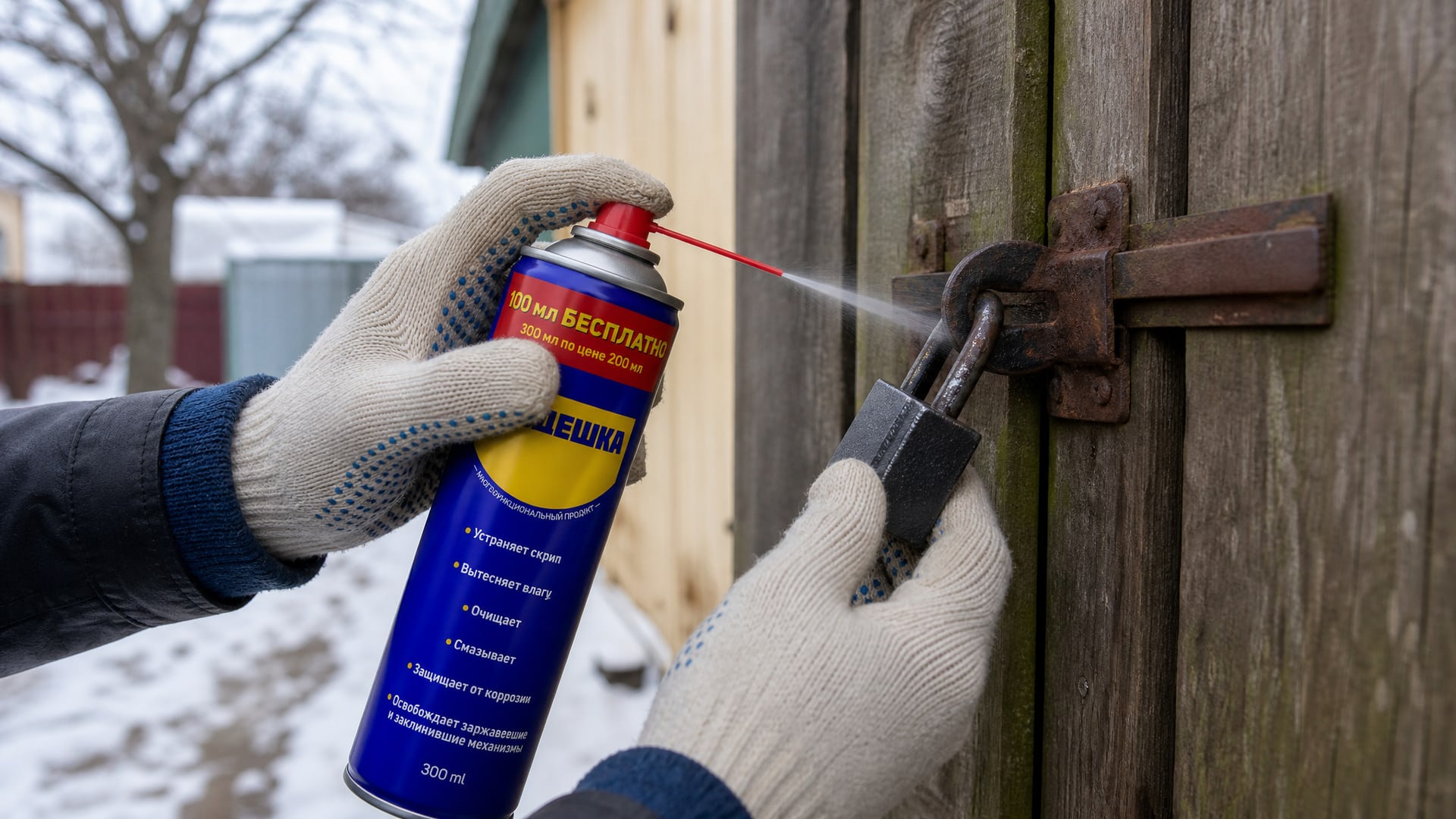 Рука в перчатке наносит универсальную смазку WD40 на замок.