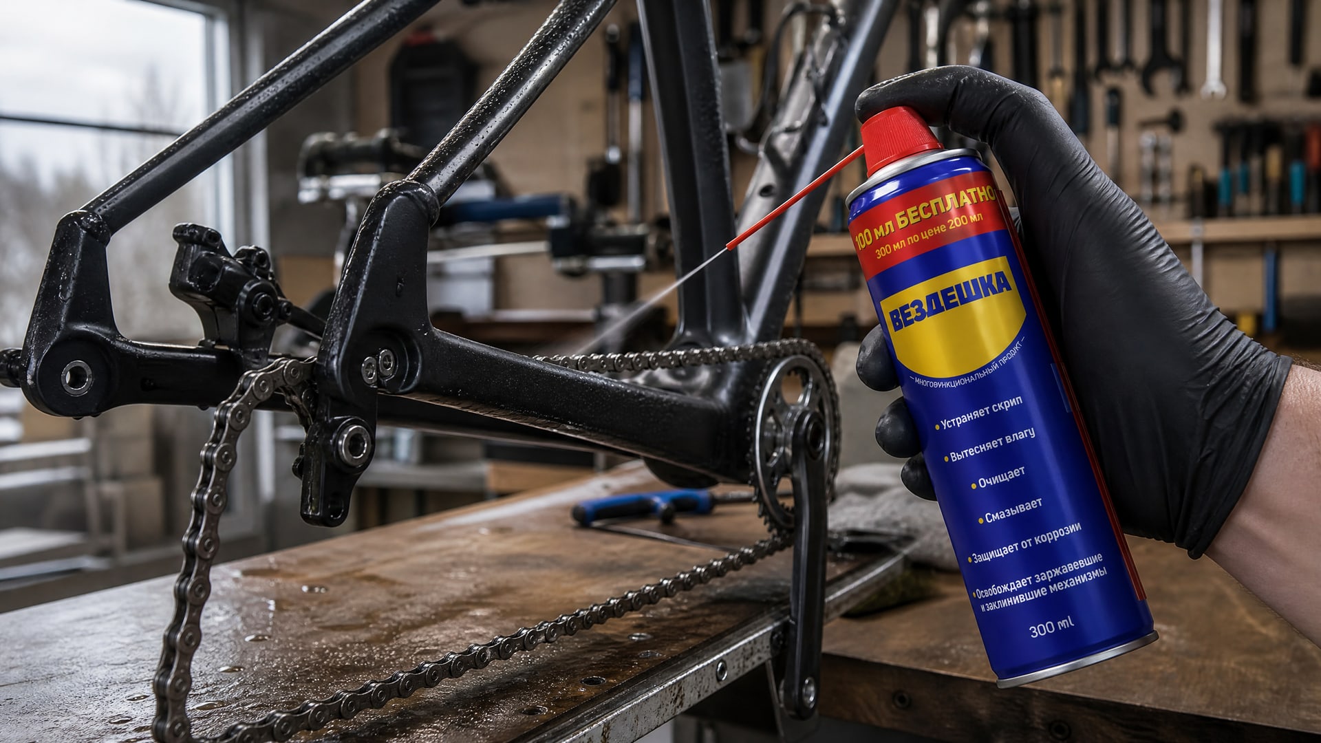 Рука в перчатке наносит универсальную смазку WD40 на цепь велосипеда.
