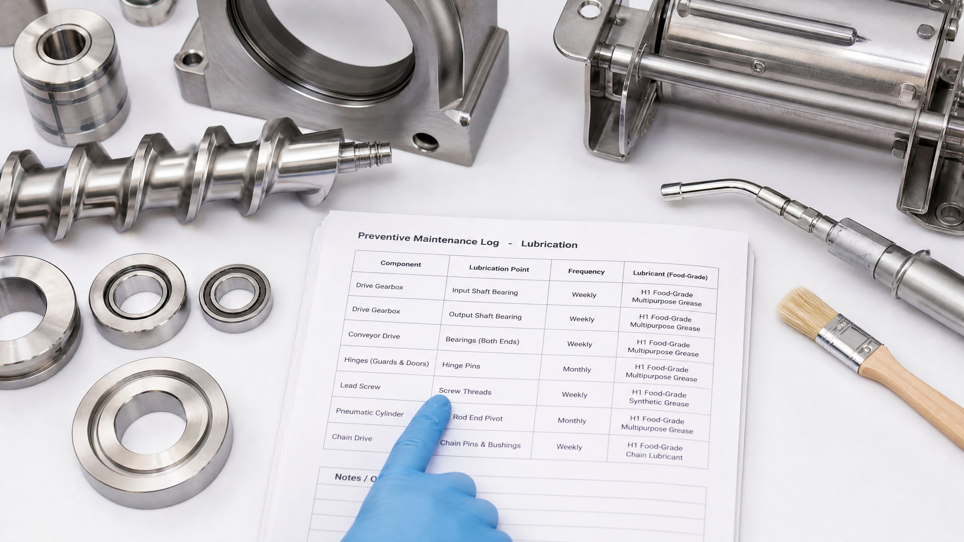 На белом столе разложены детали, инструмент для смазки и заполненный журнал технического обслуживания.