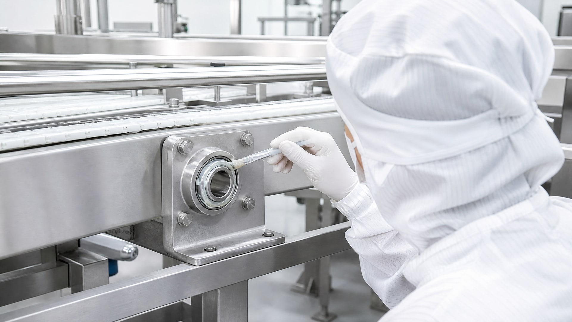 Работник наносит смазку пищевую nsf h1 на подшипник конвейерной ленты.