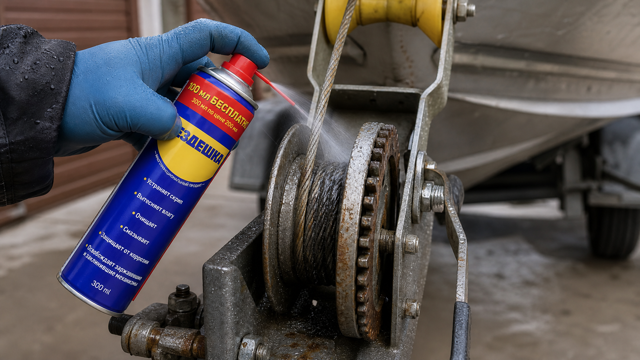 Рука наносит универсальную смазку wd-40 на лебедку.