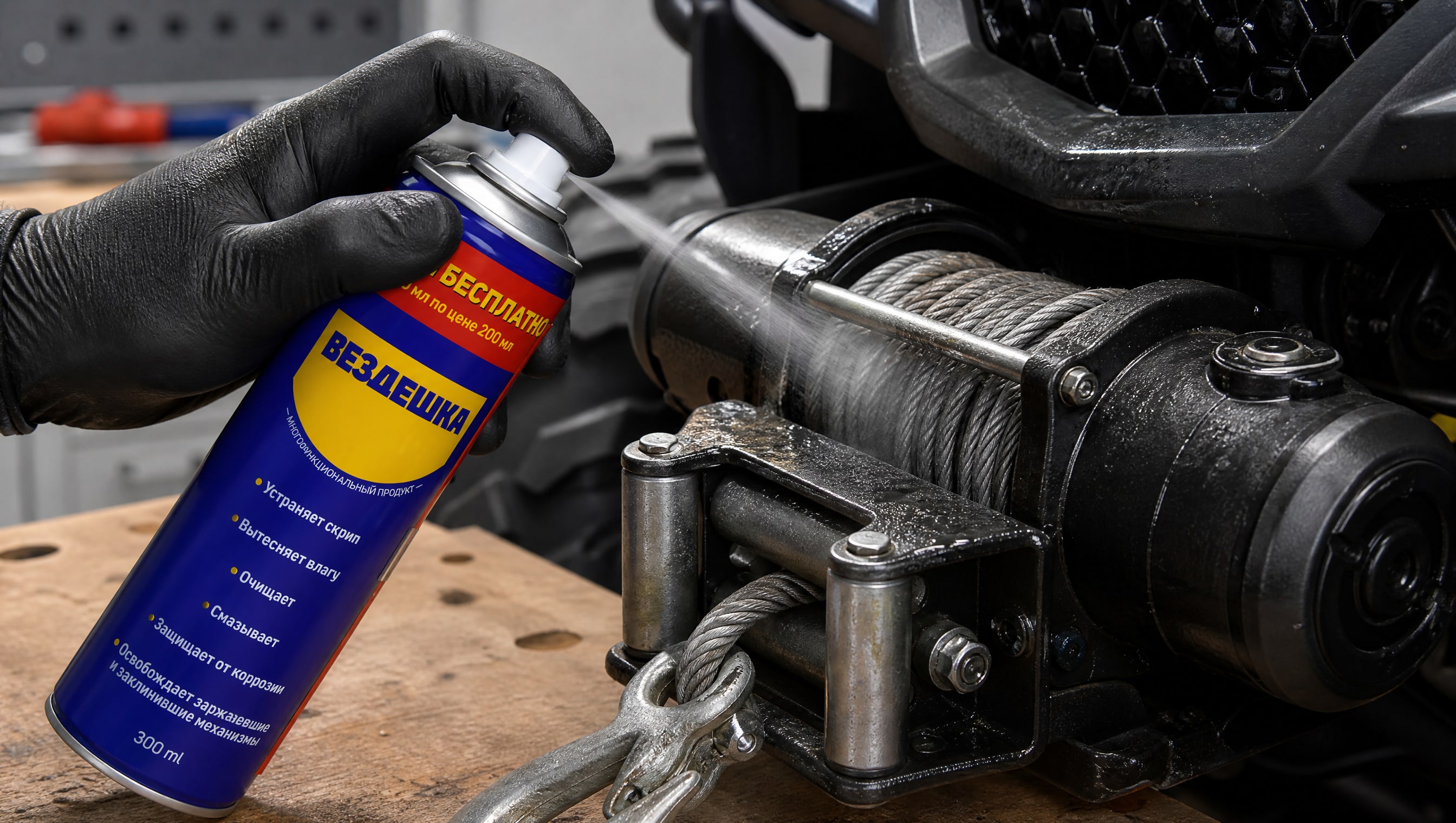 Рука наносит универсальную смазку WD-40 на лебедку квадроцикла.