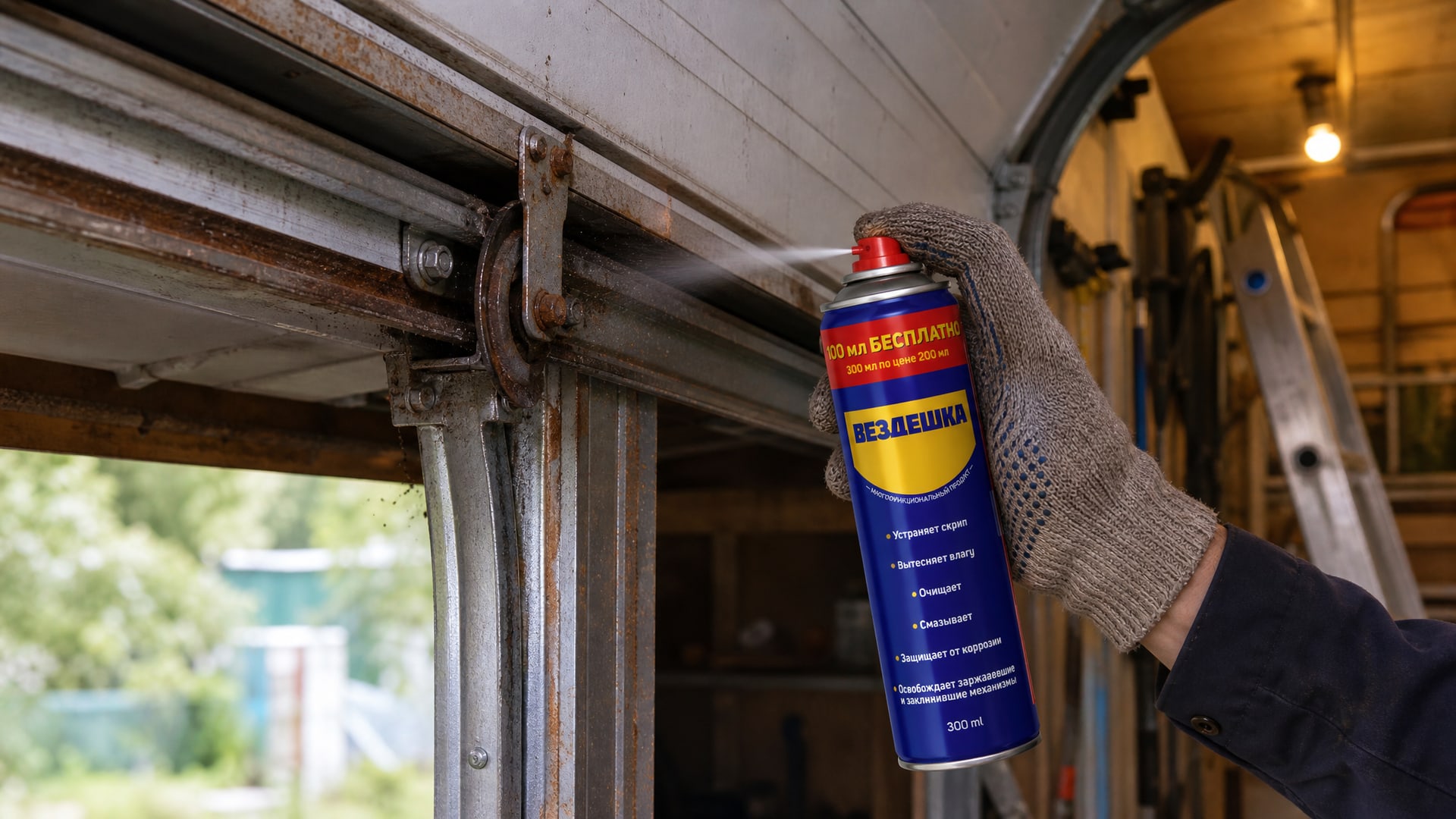 Рука в перчатке наносит универсальную смазку wd-40 на направляющие.