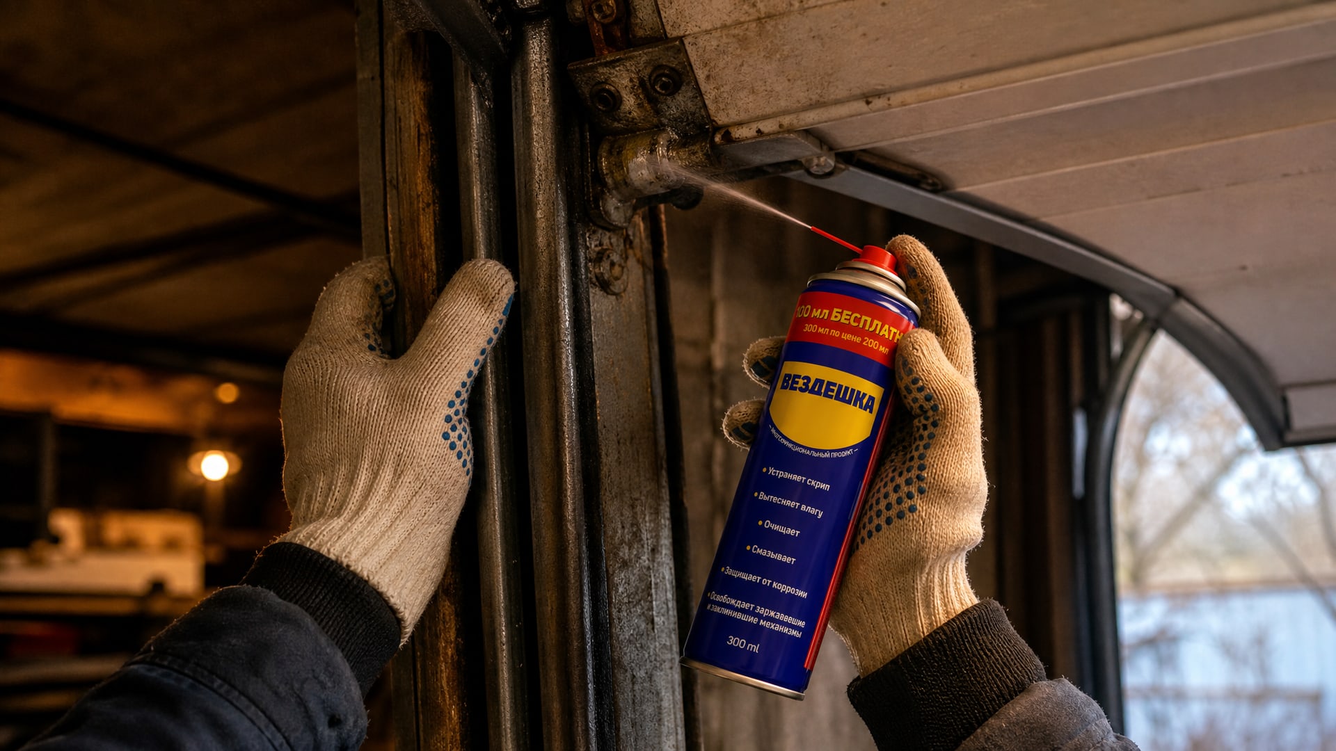 Рука в перчатке наносит универсальную смазку WD40 на механизм.