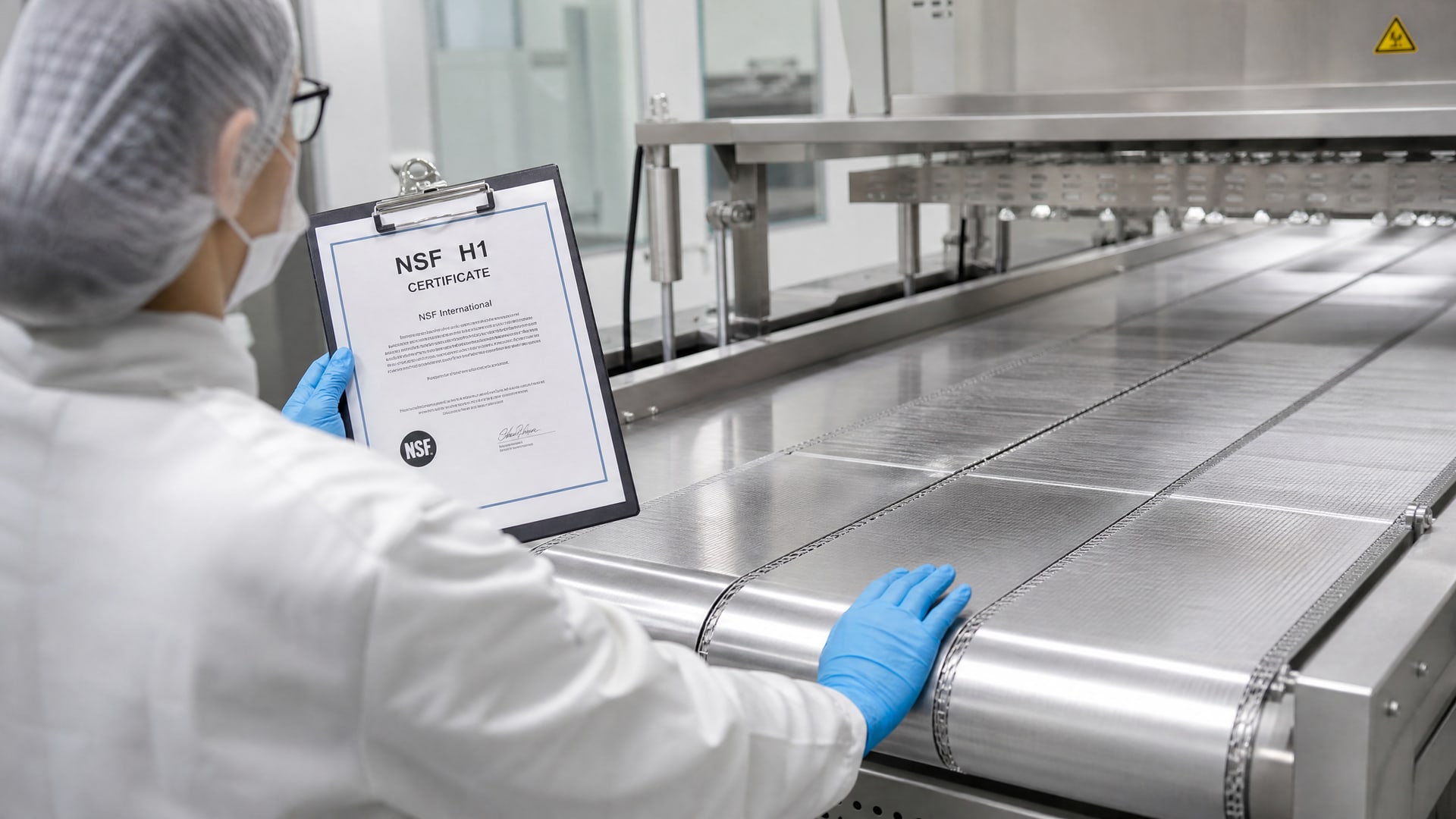 Аудитор в перчатках внимательно сверяет сертификат NSF H1 с чистой конвейерной лентой, смазка для тестомеса h1.