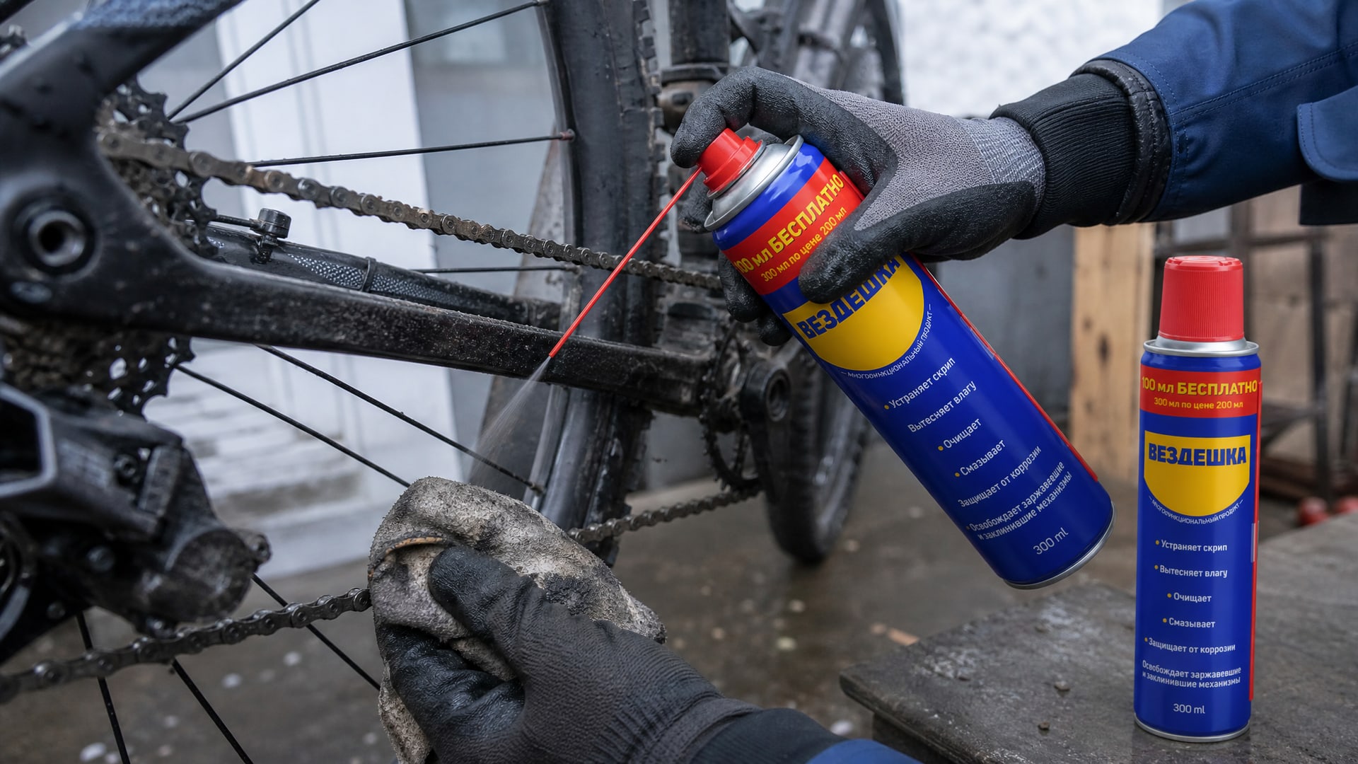 Рука в перчатке наносит универсальную смазку WD-40 на цепь велосипеда.