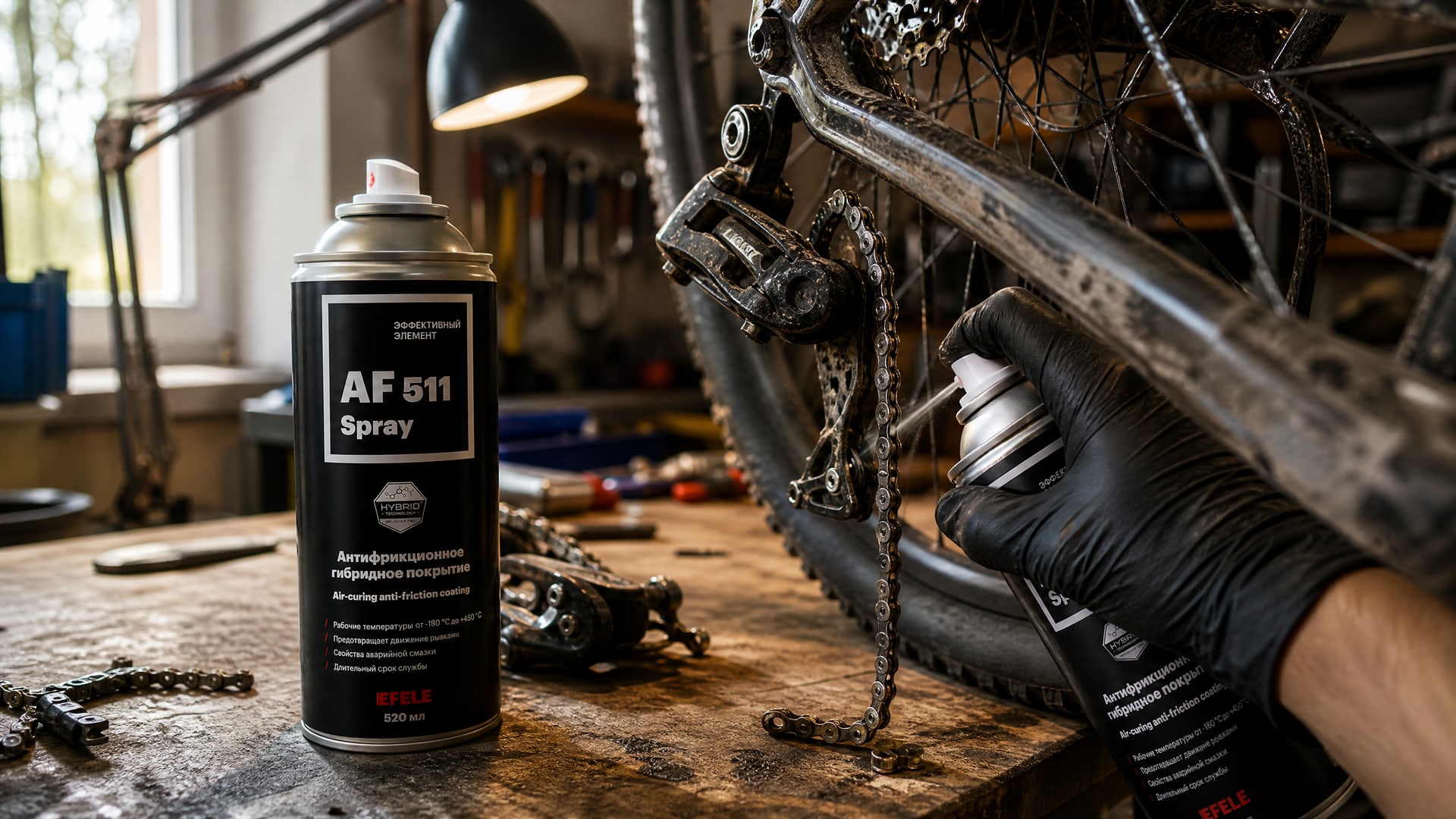 Нанесение EFELE AF-511 Spray на деталь рукой в перчатке.
