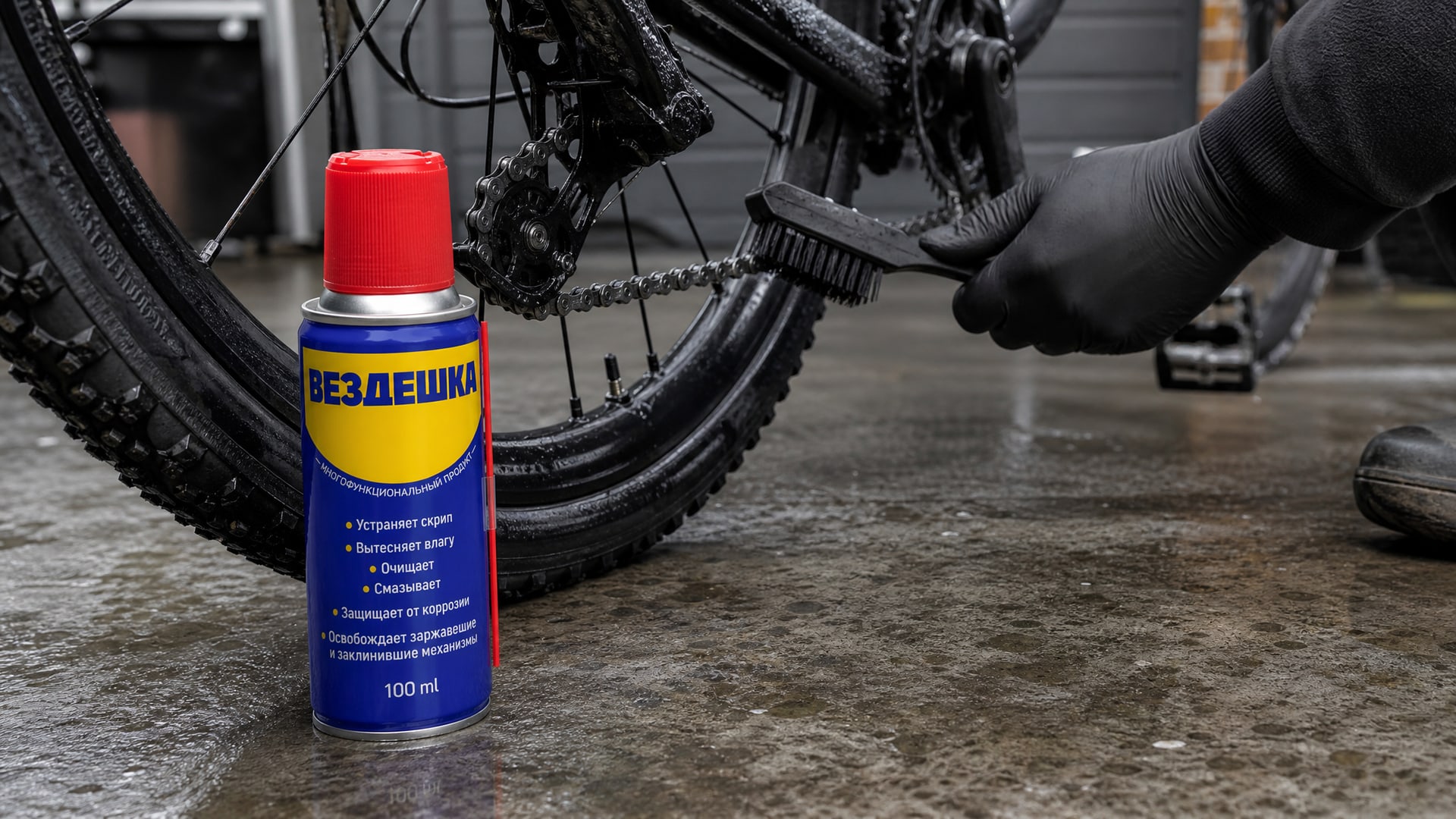 Рука в перчатке наносит универсальную смазку WD40 на цепь.