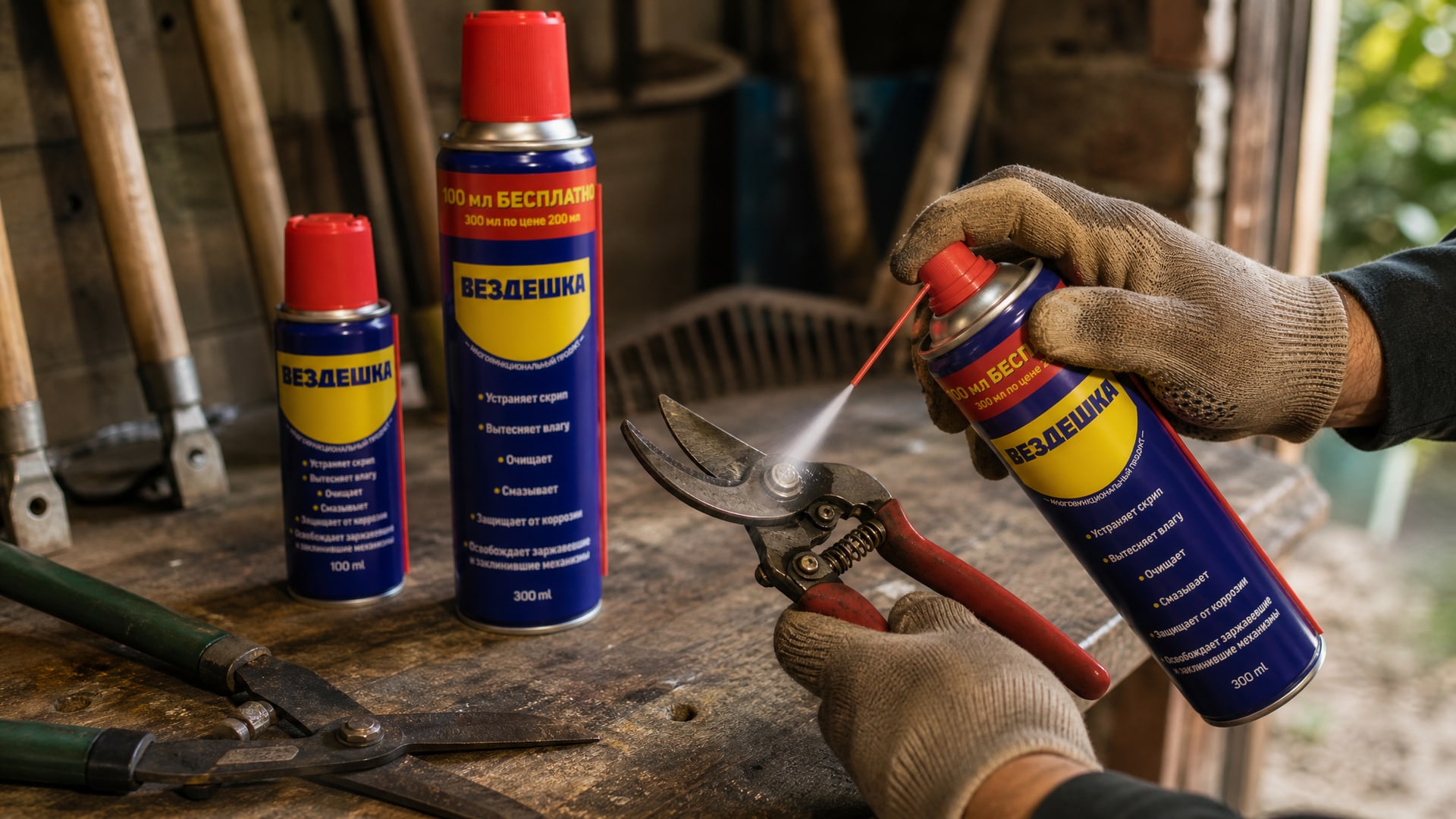 Рука в перчатке наносит универсальную смазку wd-40 на садовый инструмент.