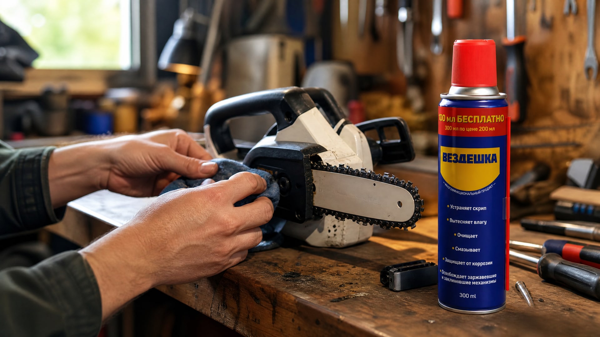 Рука в перчатке наносит универсальную смазку WD-40 на садовый инструмент.