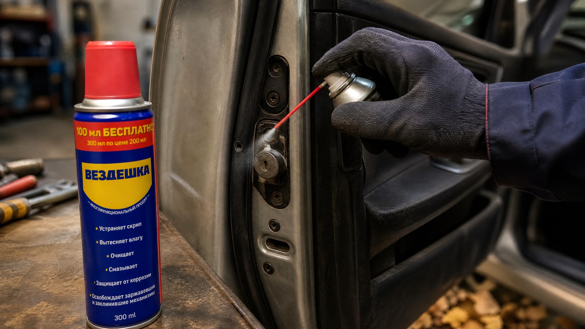 Рука в перчатке наносит WD-40 на замок зажигания.