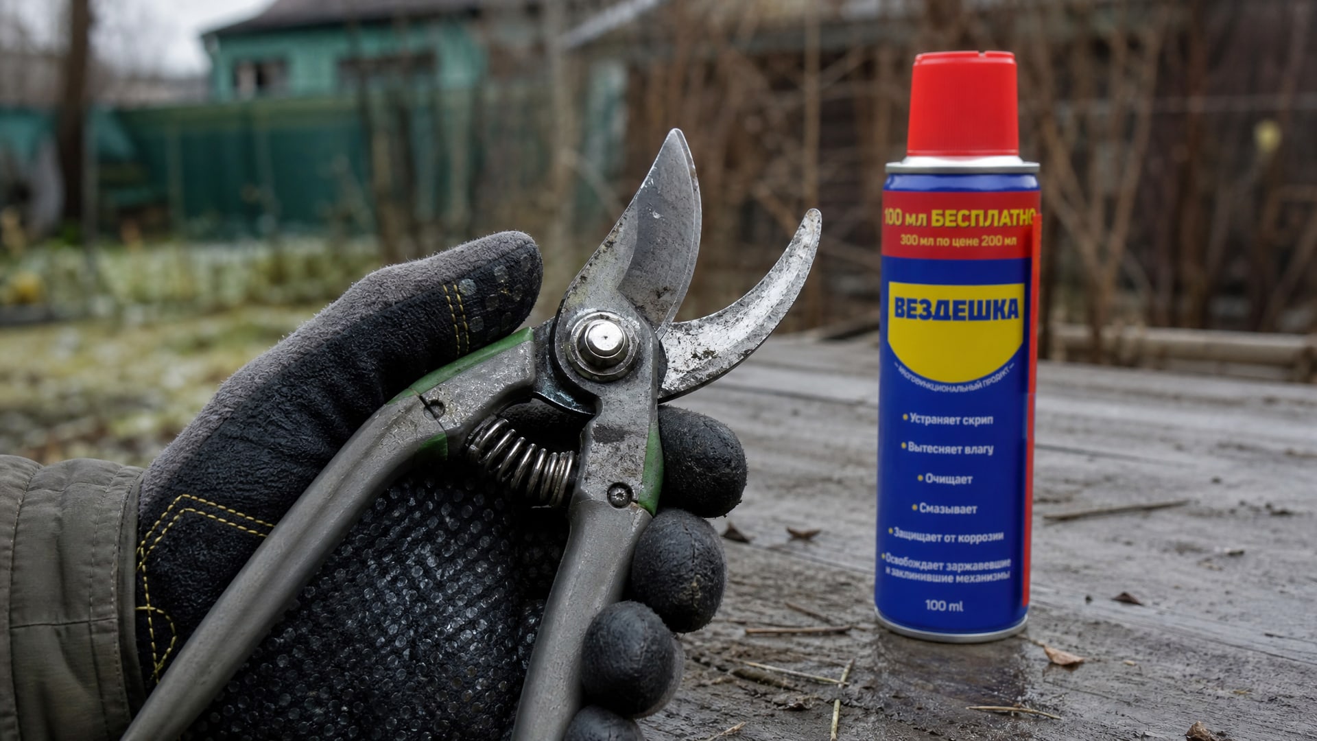 Рука в перчатке наносит WD40 на секатор для защиты от коррозии.