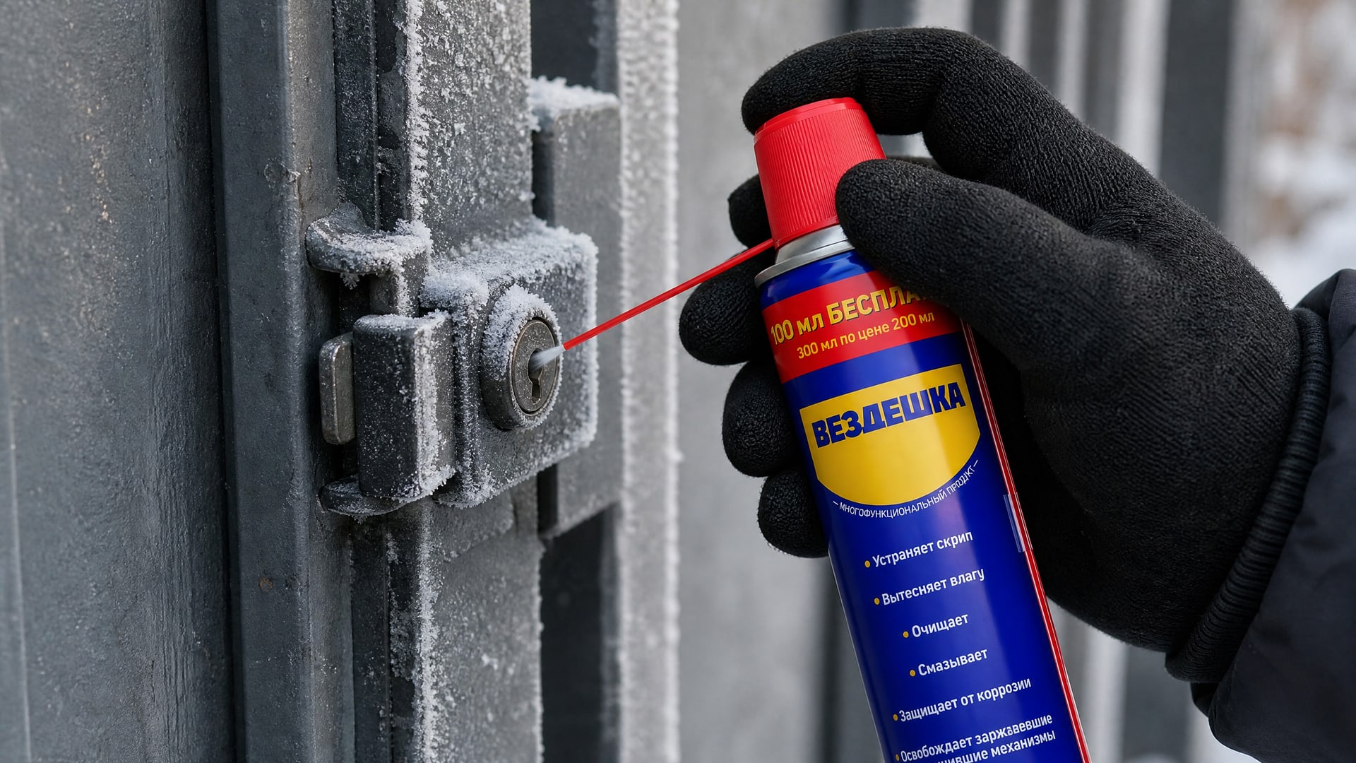 Рука в перчатке наносит универсальную смазку WD-40 на упаковку.