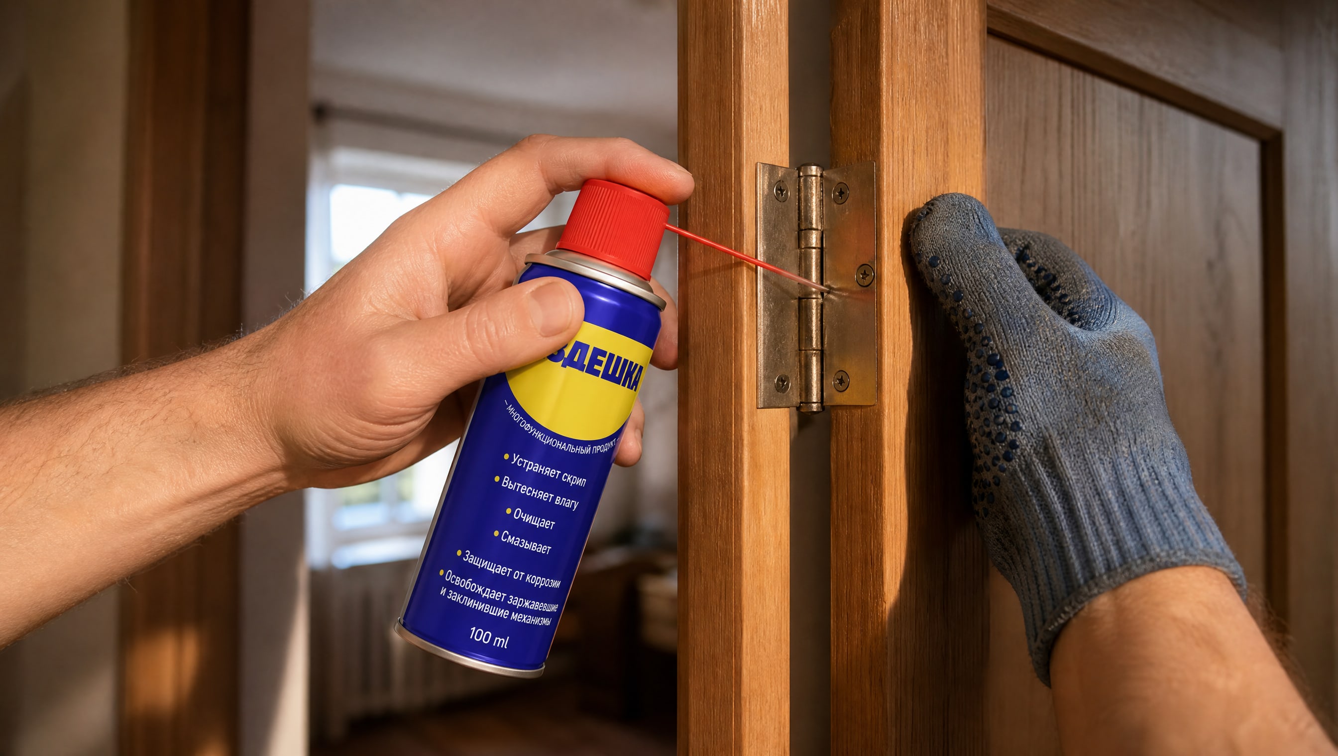 Рука в перчатке наносит wd-40 на дверные петли.