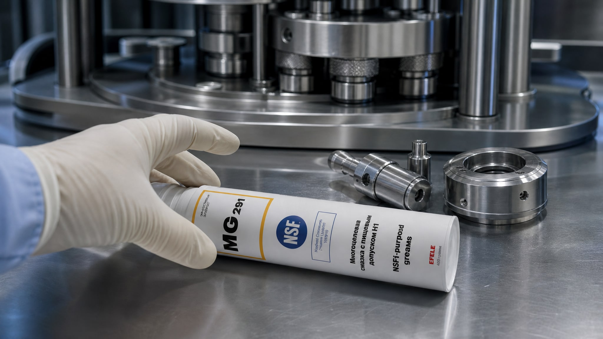 Рука в перчатке наносит смазку EFELE MG-291 (NSF H1) на упаковку продукта.