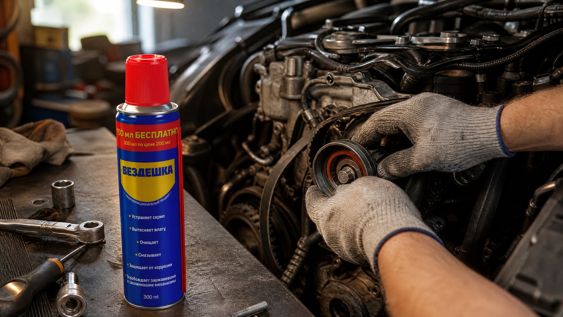 Рука в перчатке наносит универсальную смазку WD-40 на подшипник.