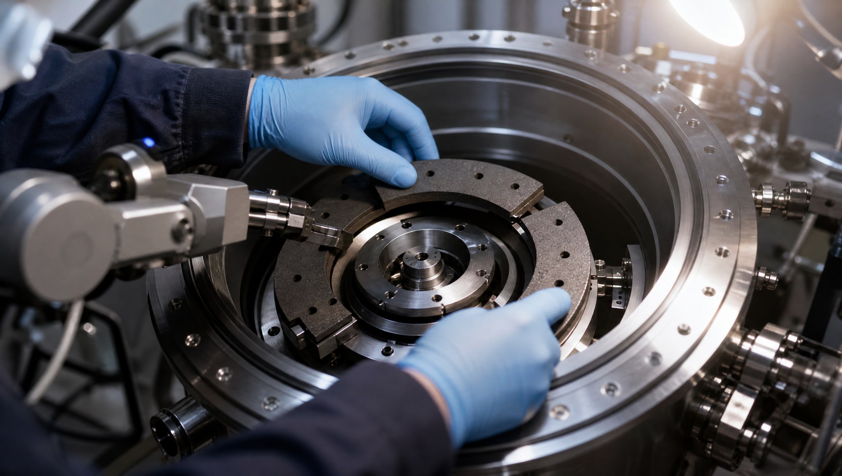 Узел трения с покрытием MoS₂+PTFE в вакуумной камере, демонстрирующий долговечность в экстремальных условиях работы.