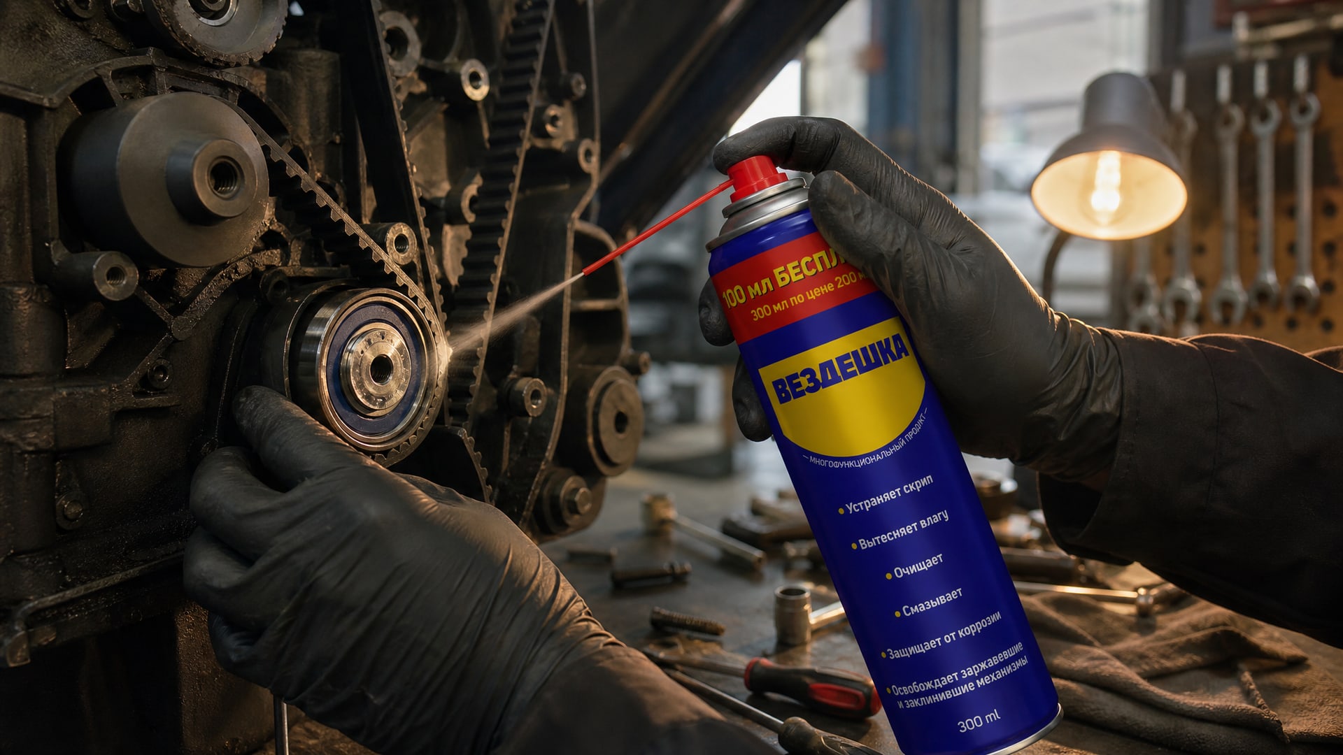 Рука в перчатке наносит универсальную смазку WD40 на подшипник.