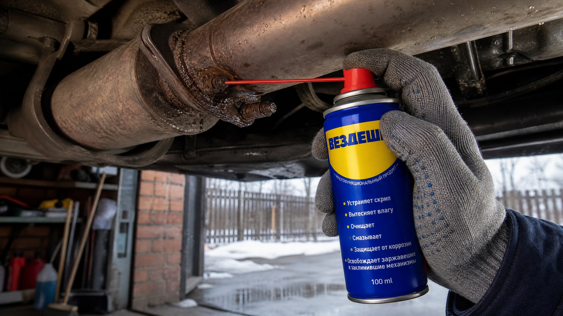 Рука в перчатке наносит универсальную смазку WD40 на болт глушителя.