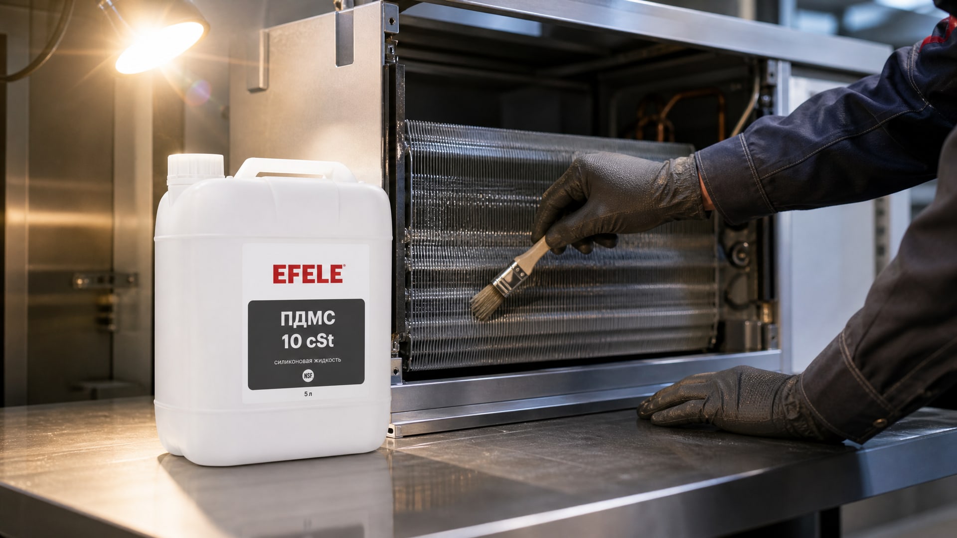Рука в перчатке наносит EFELE ПДМС 10 cSt для создания антиадгезионного покрытия.