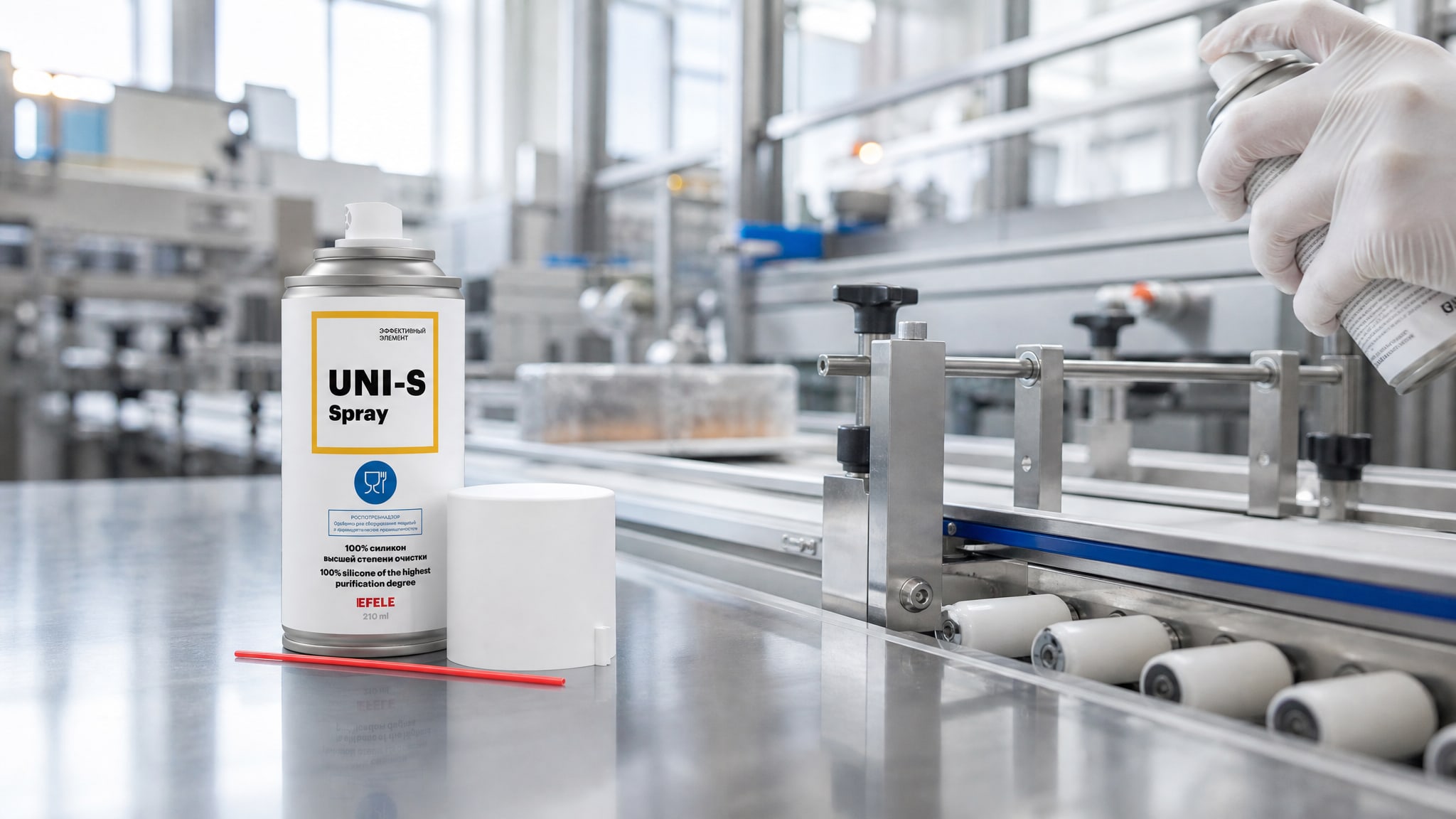 Рука в перчатке наносит EFELE UNI-S Spray (силиконовую, пищевую).