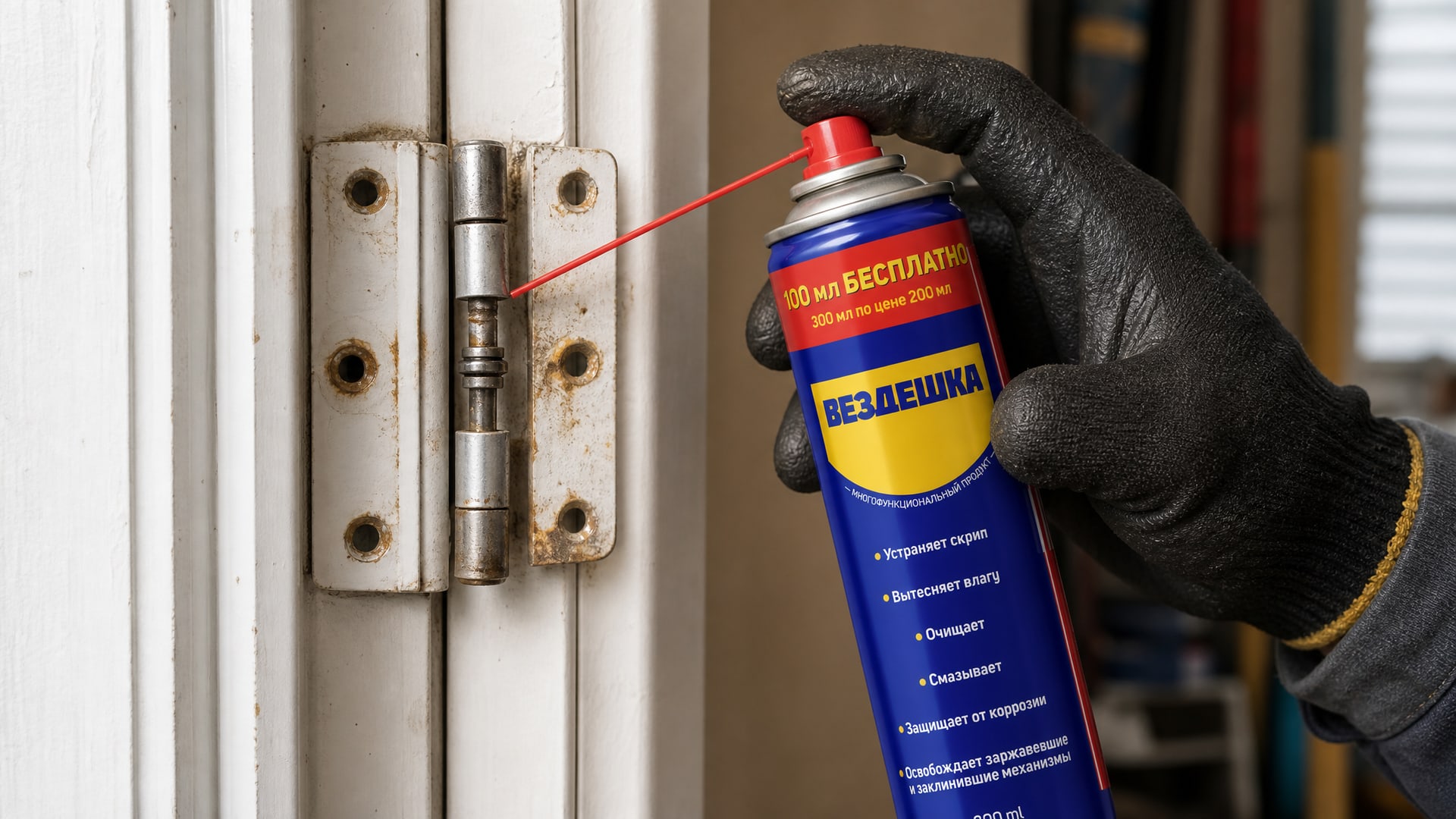 Рука в перчатке наносит универсальную смазку WD40.