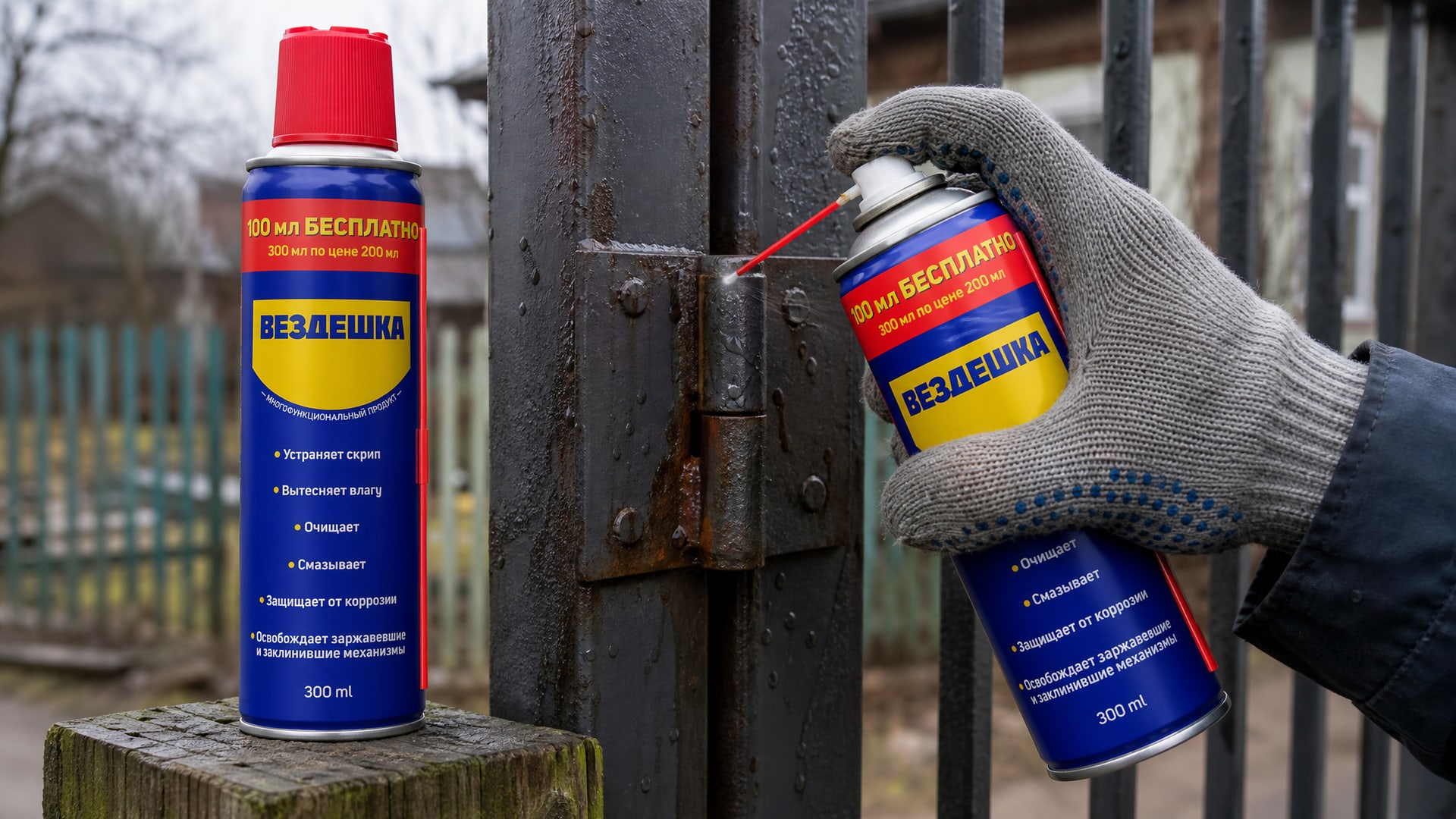 Рука наносит универсальную смазку WD-40 на петли калитки.