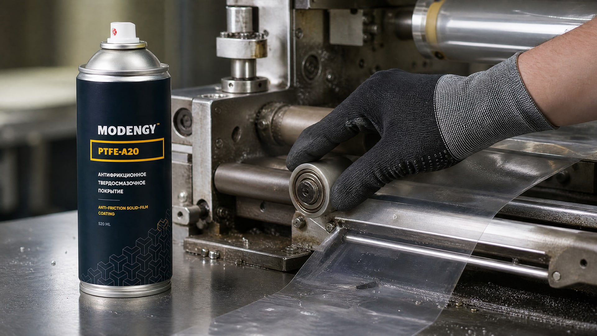Рука в перчатке наносит MODENGY PTFE-A20 на упаковку, предотвращая налипание пленки.