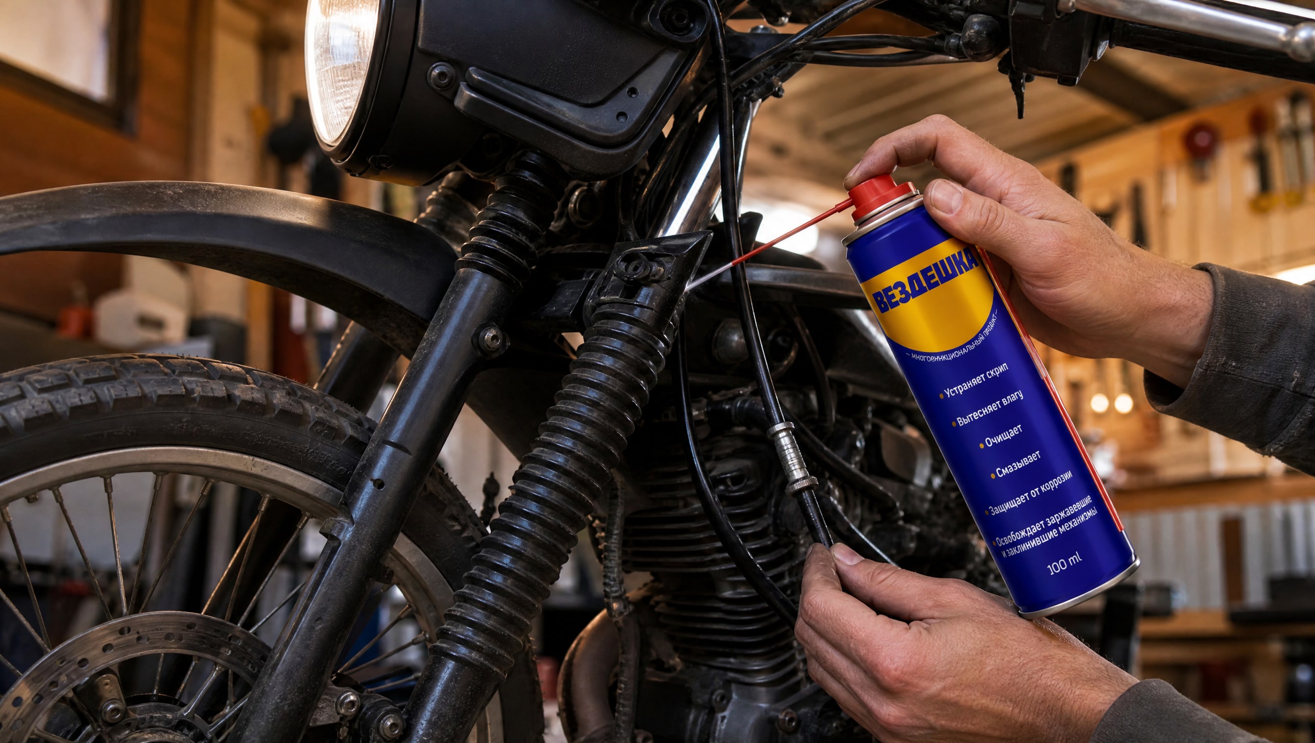 Рука в перчатке наносит универсальную смазку WD40 на детали.