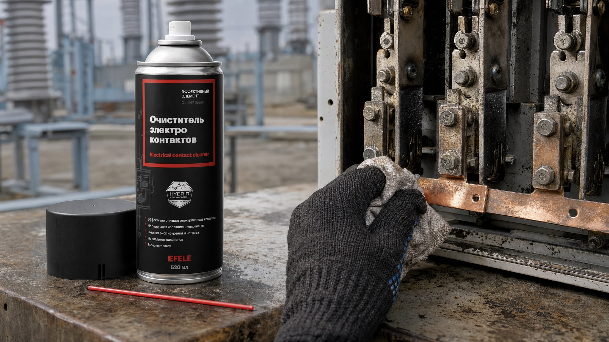 Рука наносит EFELE CL-547 Spray для очистки электрических контактов.