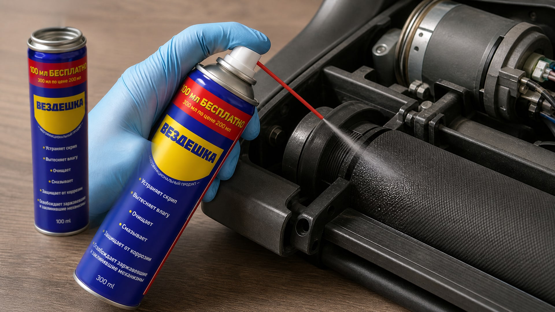 Рука в перчатке наносит универсальную смазку wd-40 на беговую дорожку.