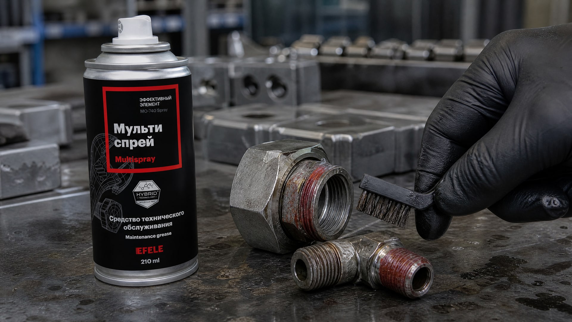 Мужчина в перчатках использует EFELE MO-740 Spray (мультиспрей) для снятия анаэробного герметика.