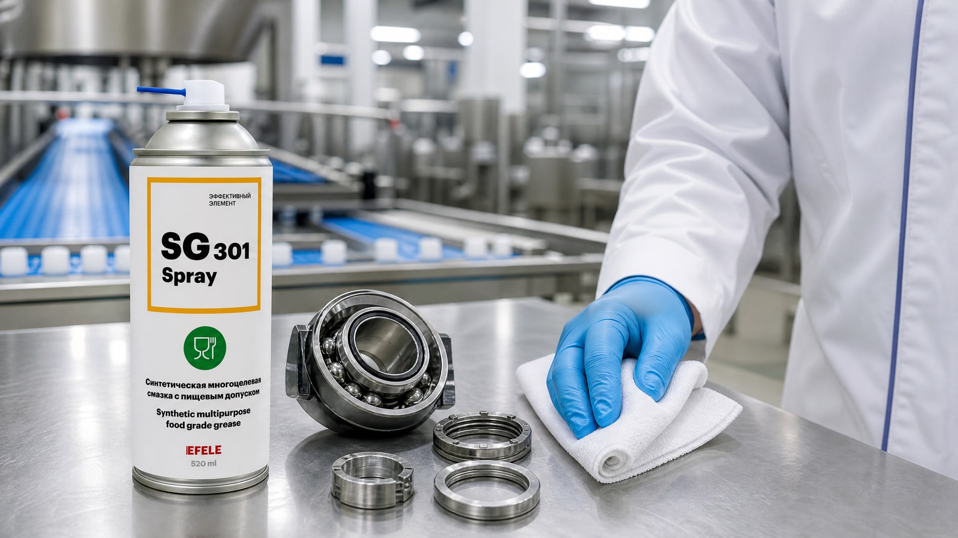 Рука в перчатке наносит пищевую смазку EFELE SG-301 Spray (NSF H1) на узел.