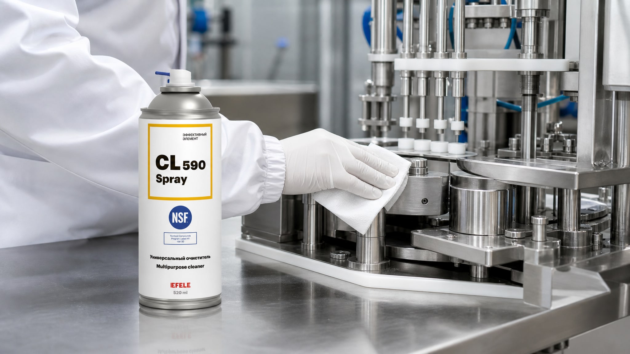 Рука в перчатке наносит EFELE CL-590 Spray для очистки фасовочного оборудования.