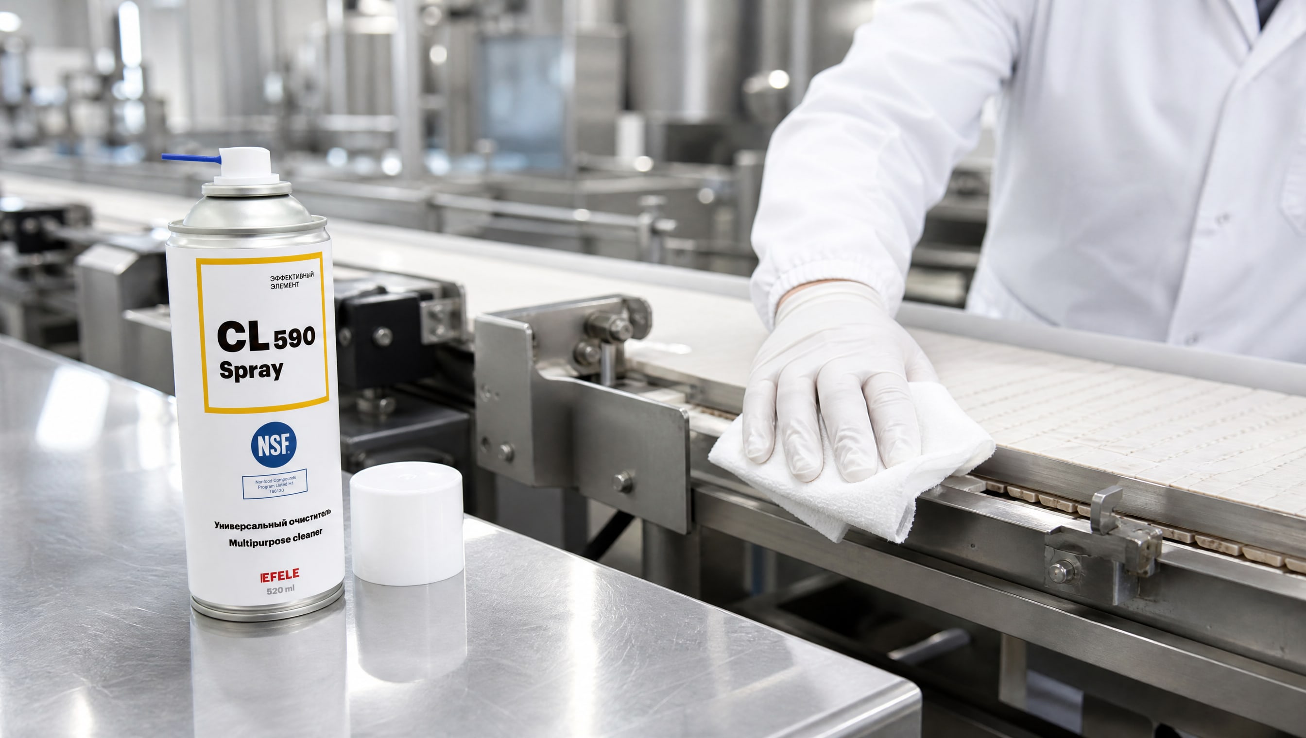 Рука в перчатке наносит EFELE CL-590 Spray для предотвращения загрязнения продукта.